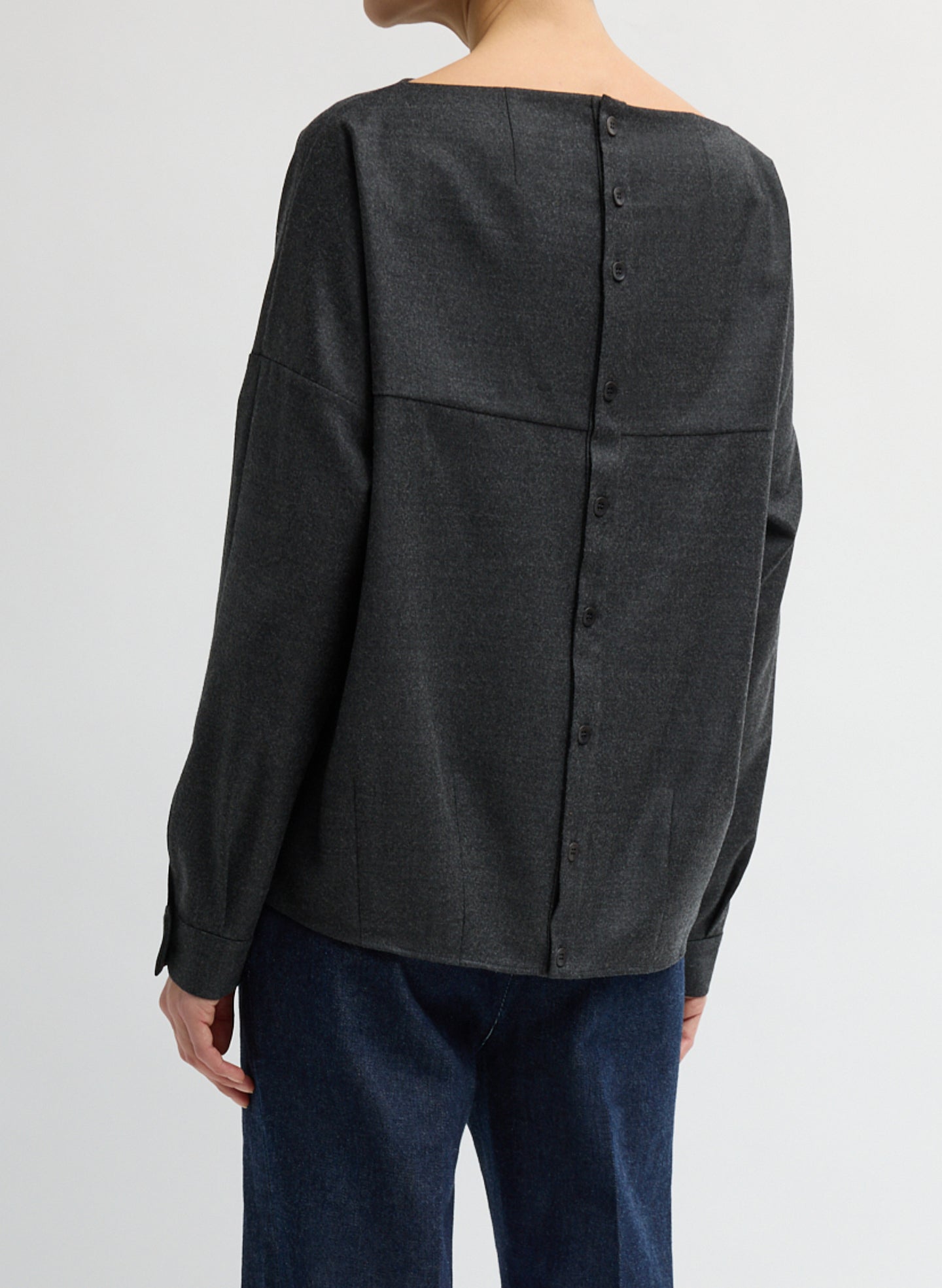 Dark Heather Grey Cozy Flannel Boatneck Dolman Sleeve Top - long sleeve top, back view on model