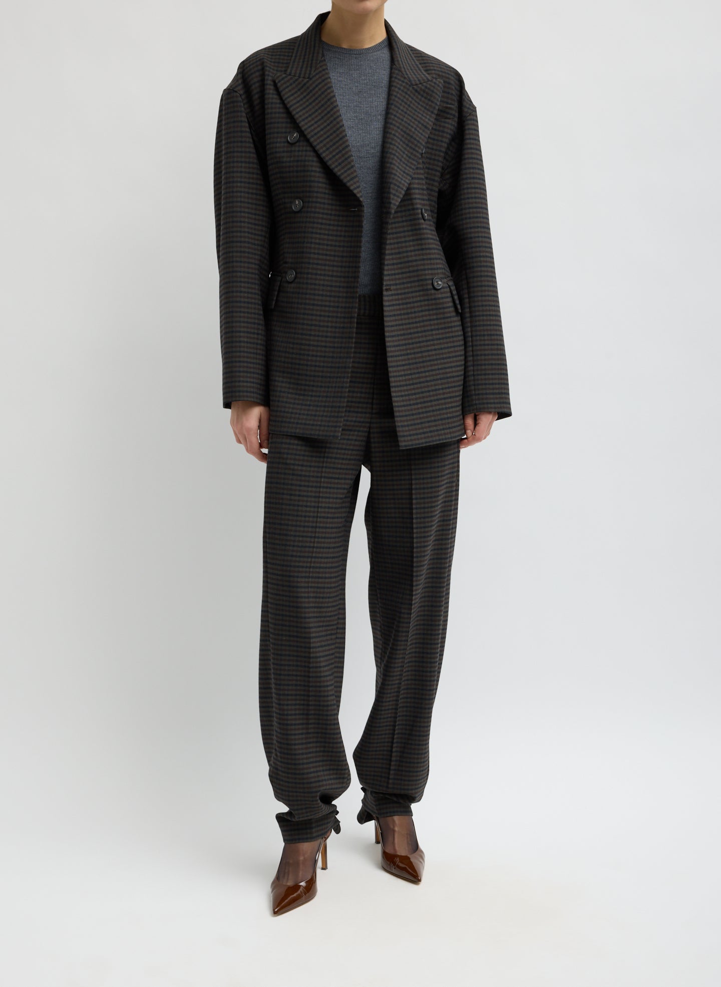 Grey Plaid Cedric Suiting Sculpted Blazer - double breasted blazer, front view on model