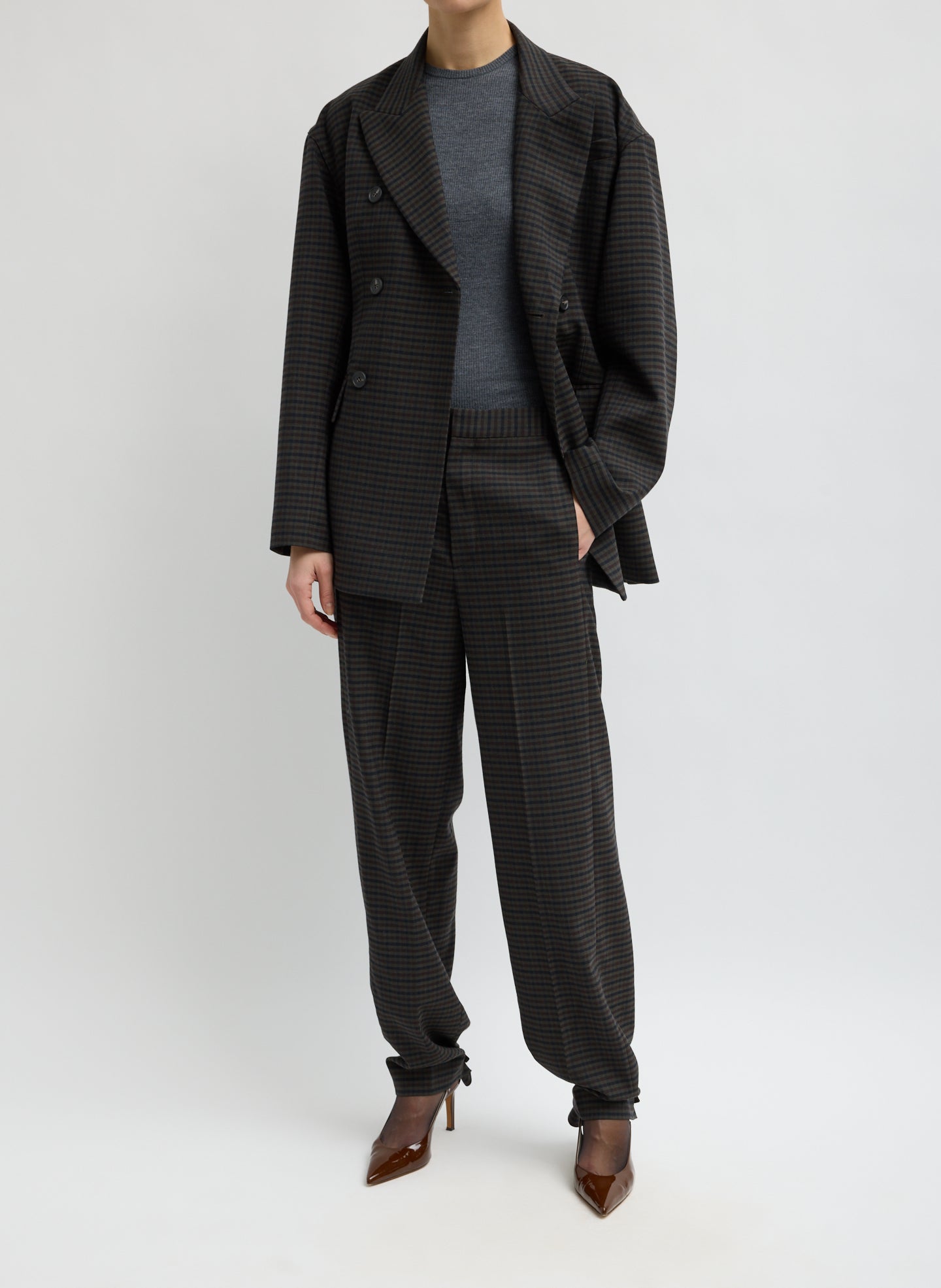Grey Plaid Cedric Suiting Sculpted Blazer - full look, front view on model