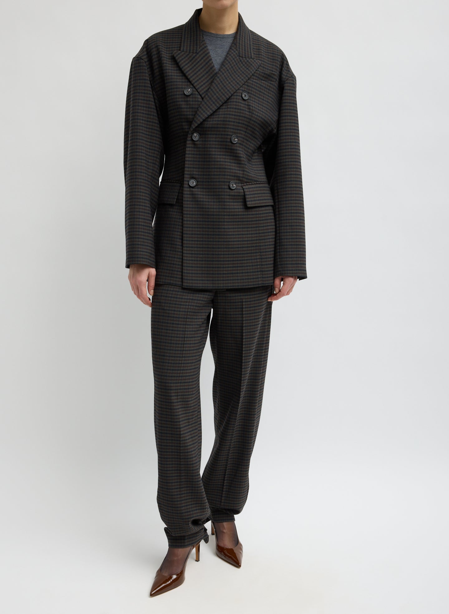 Grey Plaid Cedric Suiting Sculpted Blazer - double breasted blazer, front view on model