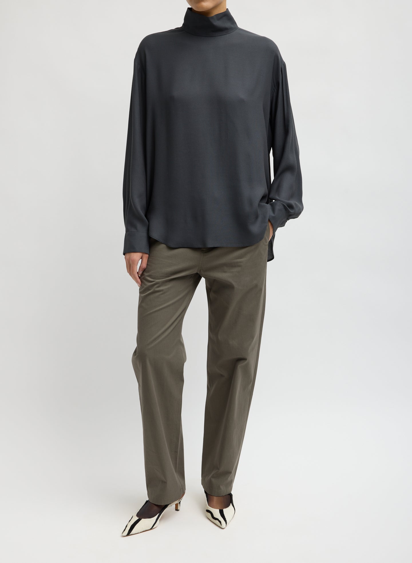 Dark Grey Feather Weight Eco Crepe Funnel Neck Shirt - full look, front view on model