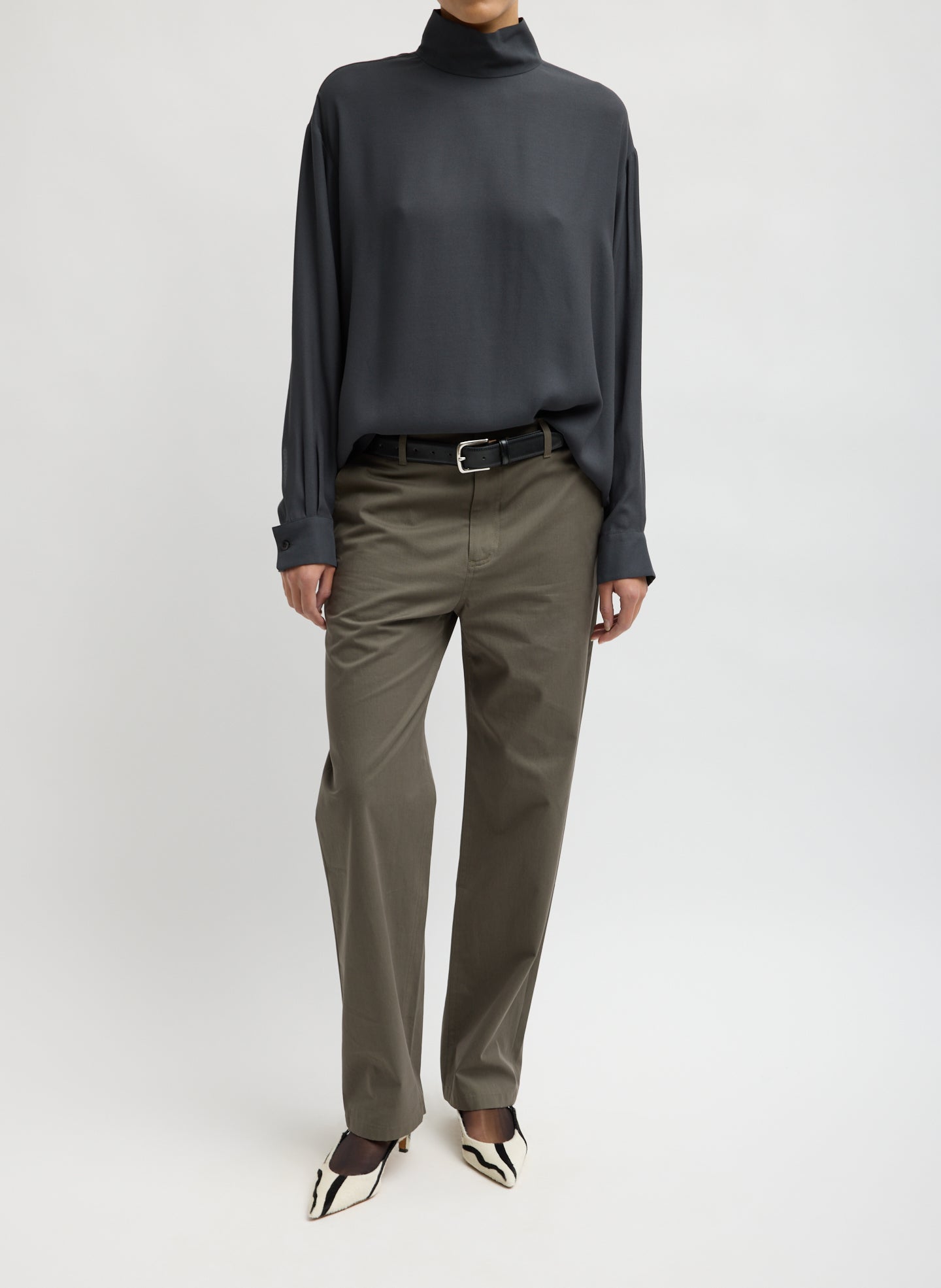Dark Grey Feather Weight Eco Crepe Funnel Neck Shirt - full look, front view on model