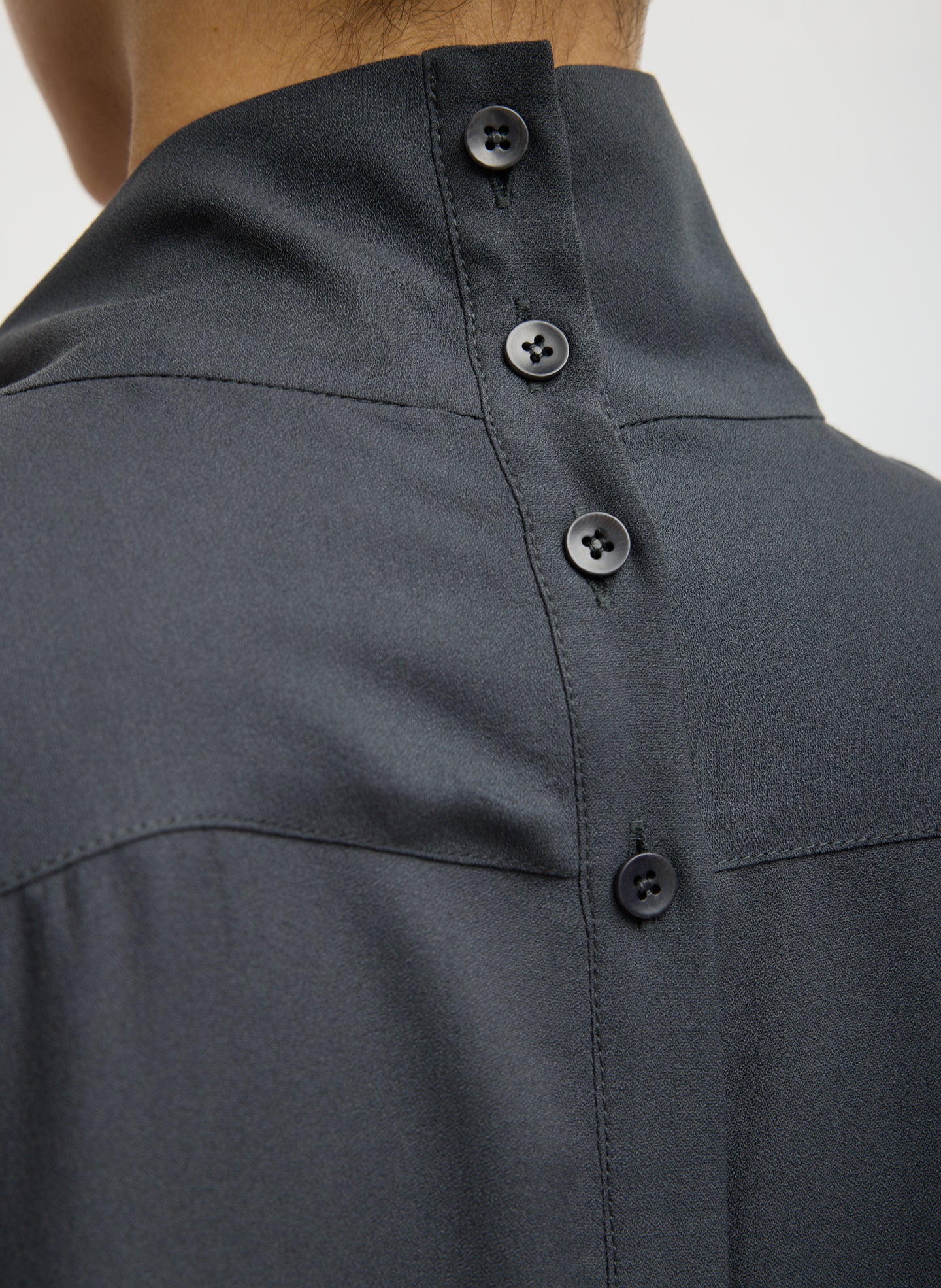 Dark Grey Feather Weight Eco Crepe Funnel Neck Shirt - closeup of button details at back