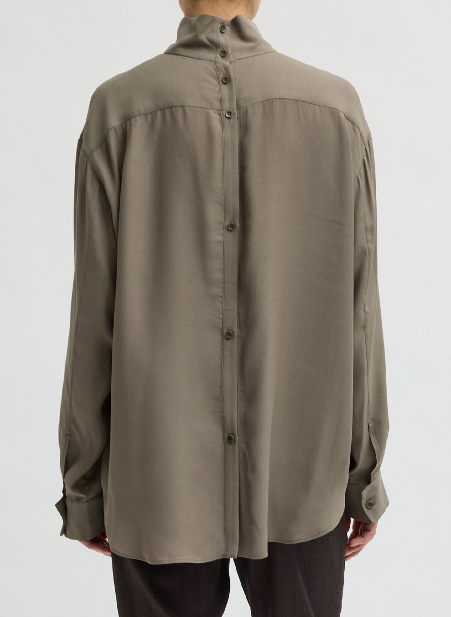 Dark Hazelnut Feather Weight Eco Crepe Funnel Neck Shirt - back view on model
