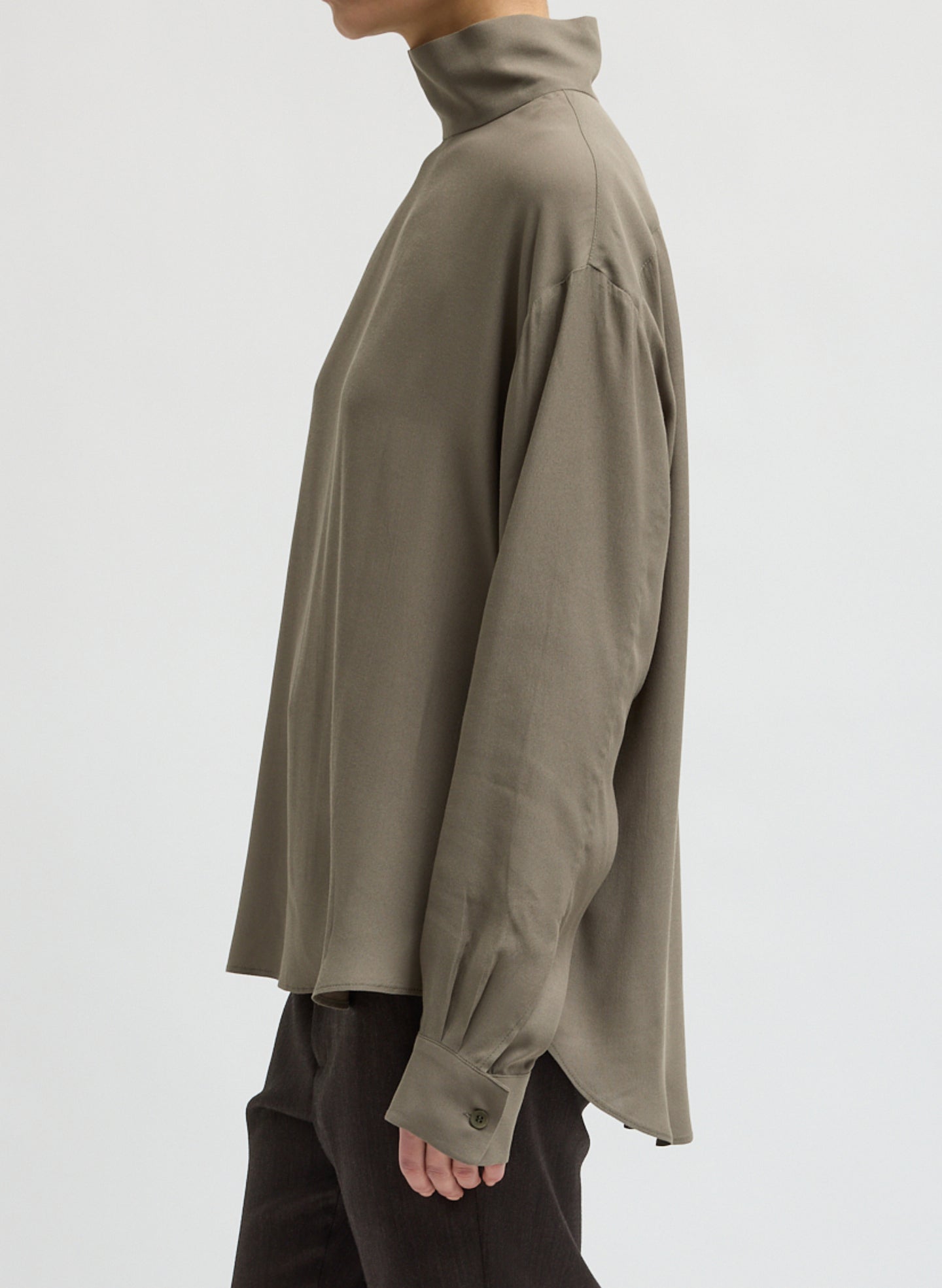 Dark Hazelnut Feather Weight Eco Crepe Funnel Neck Shirt - side view on model