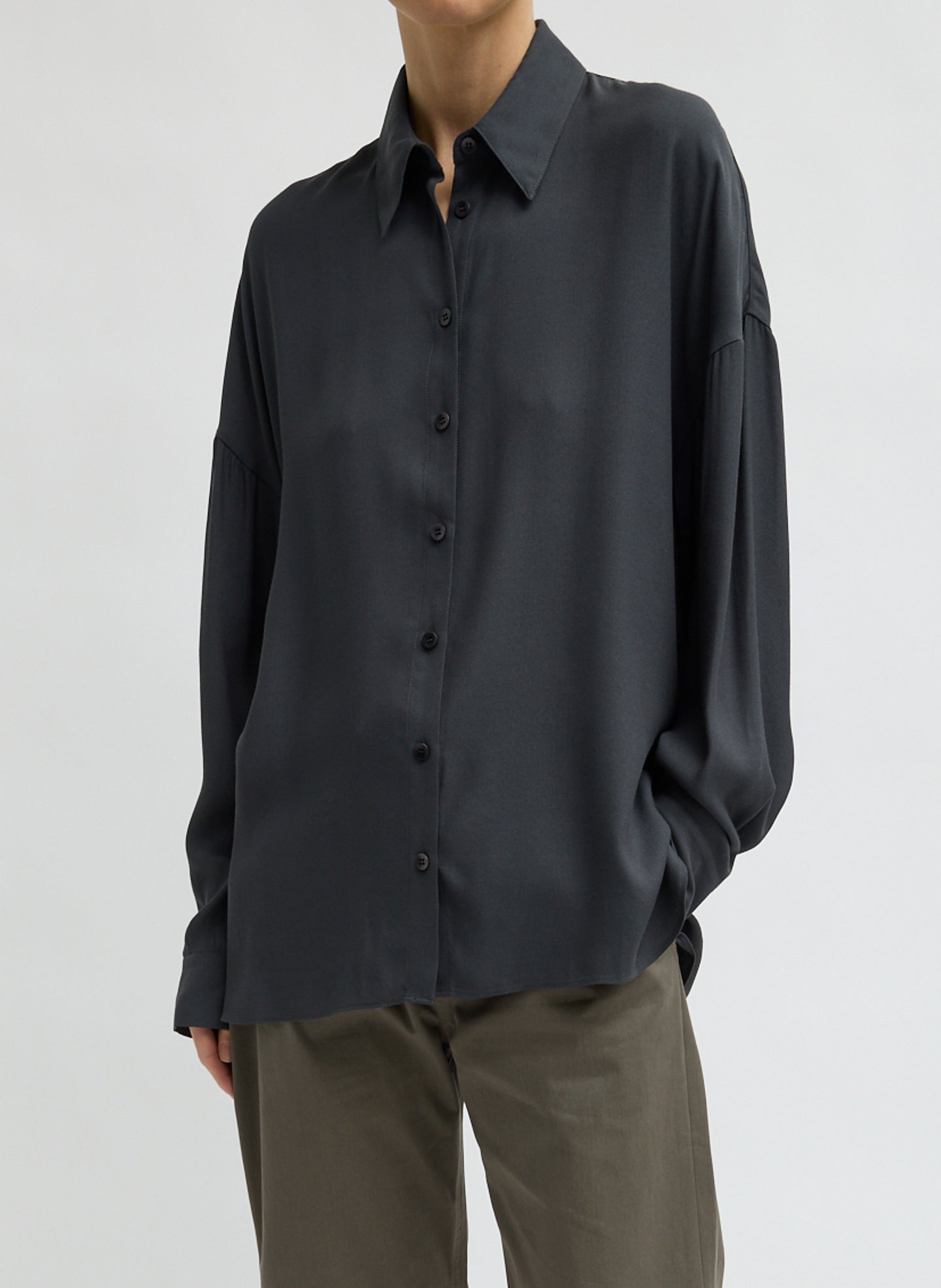 Dark Grey Feather Weight Viscose Eco Crepe Oversized Shirt - button down shirt, front view on model