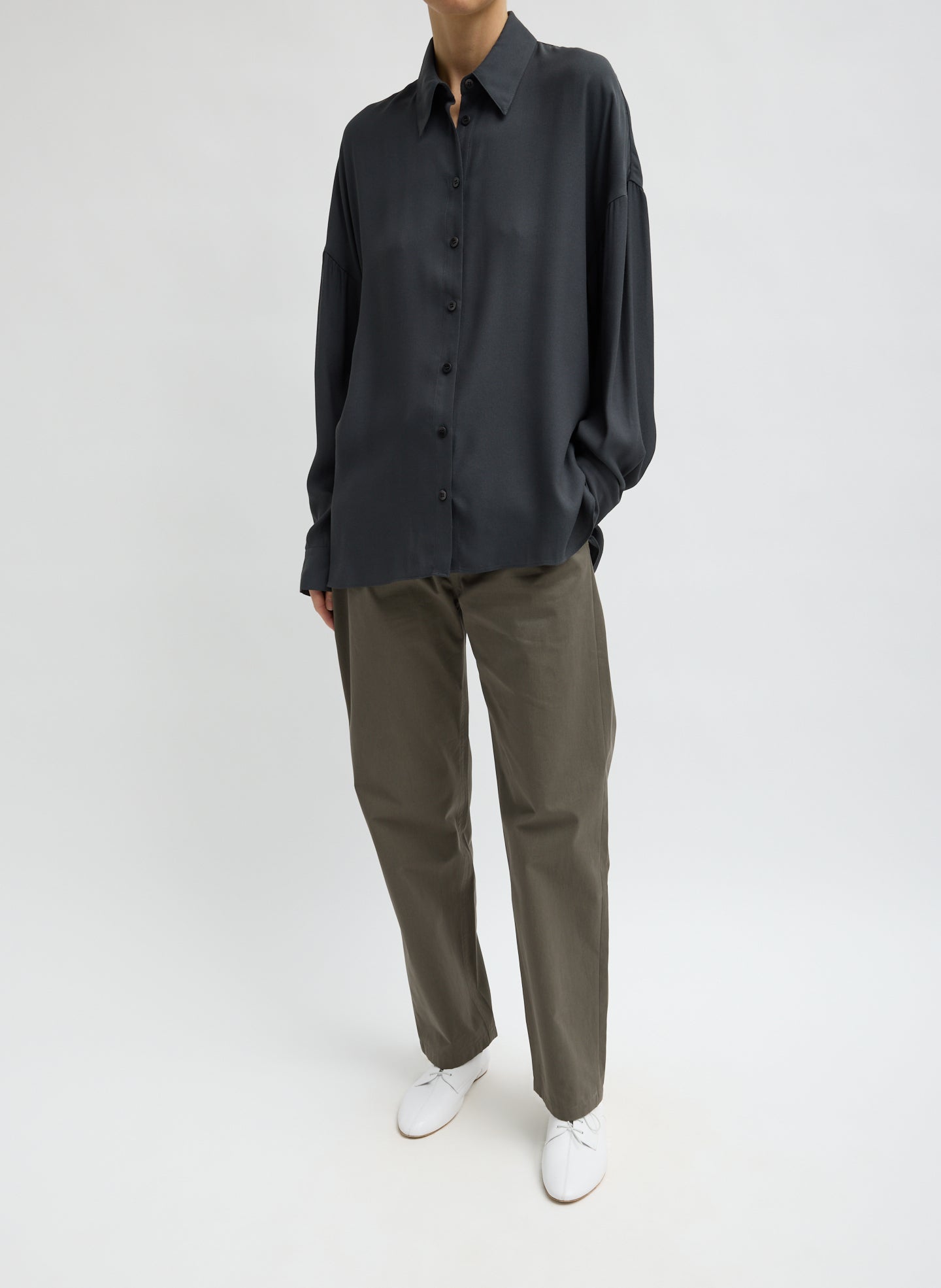 Dark Grey Feather Weight Viscose Eco Crepe Oversized Shirt - full look, front view on model