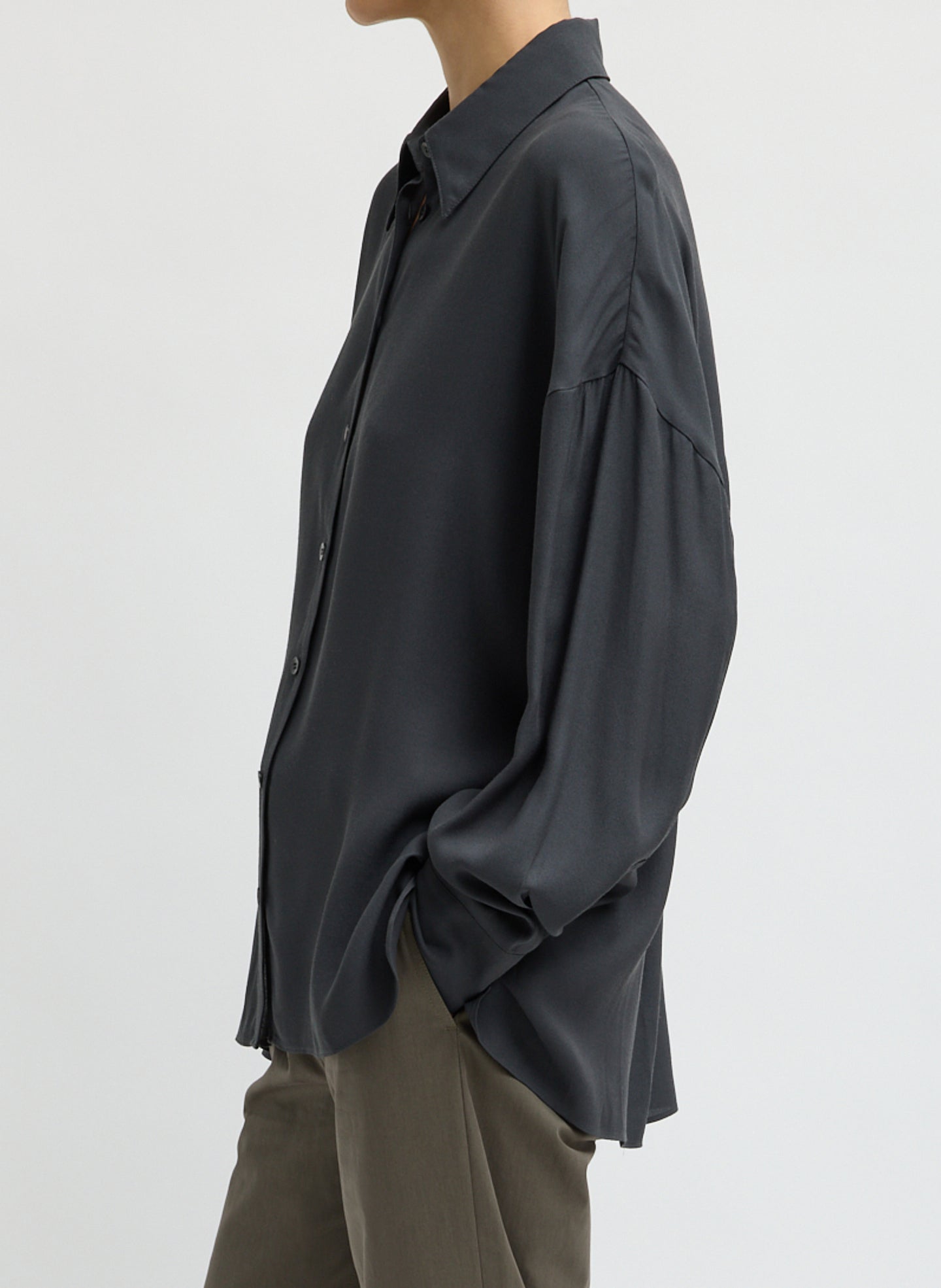 Dark Grey Feather Weight Viscose Eco Crepe Oversized Shirt - button down shirt, side view on model