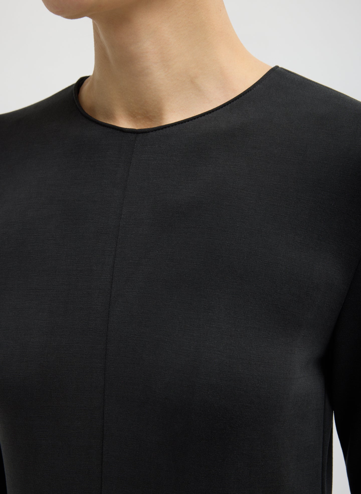 Black Feather Weight Viscose Neoprene Front Drape Dress - closeup of neckline