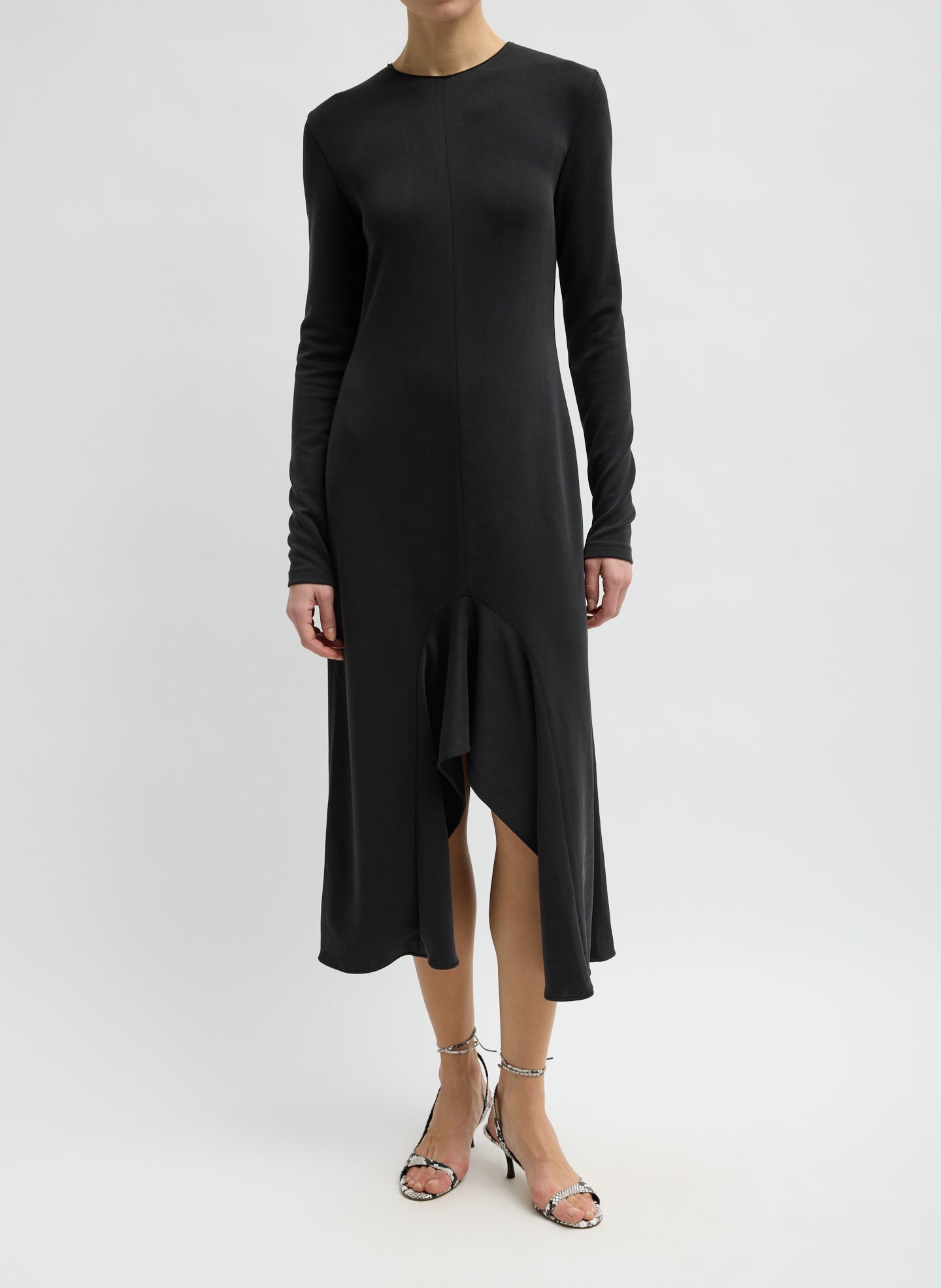 Black Feather Weight Viscose Neoprene Front Drape Dress - long sleeve dress, front view on model