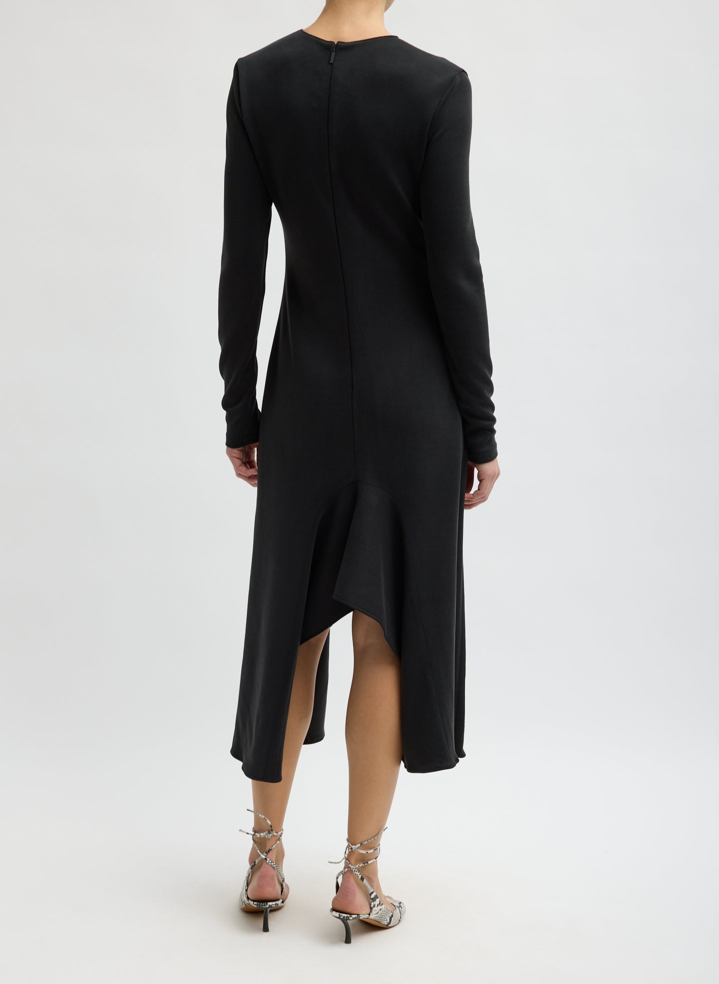 Black Feather Weight Viscose Neoprene Front Drape Dress - long sleeve dress, back view on model