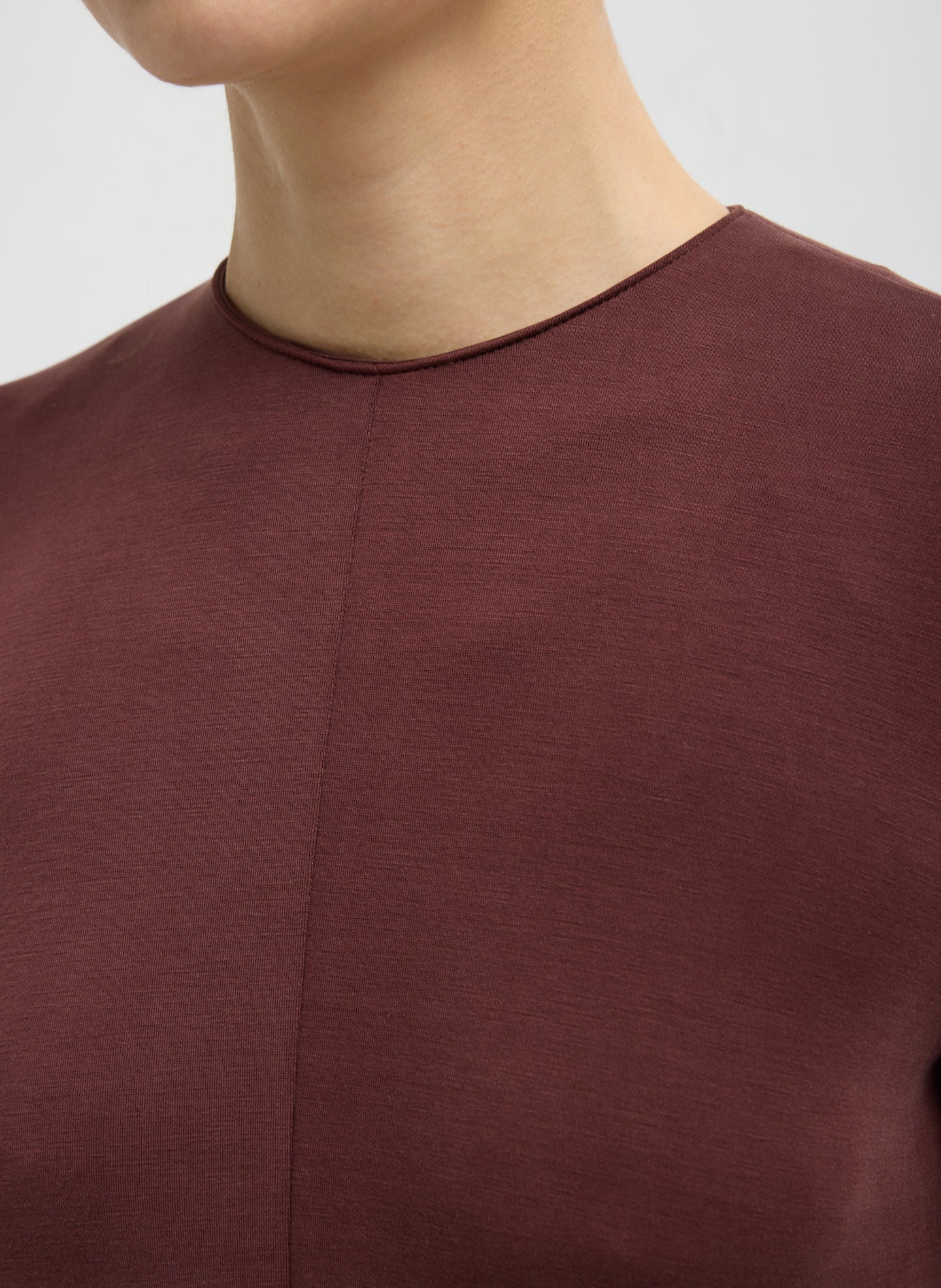 Bordeaux Feather Weight Viscose Neoprene Front Drape Dress - closeup of neckline