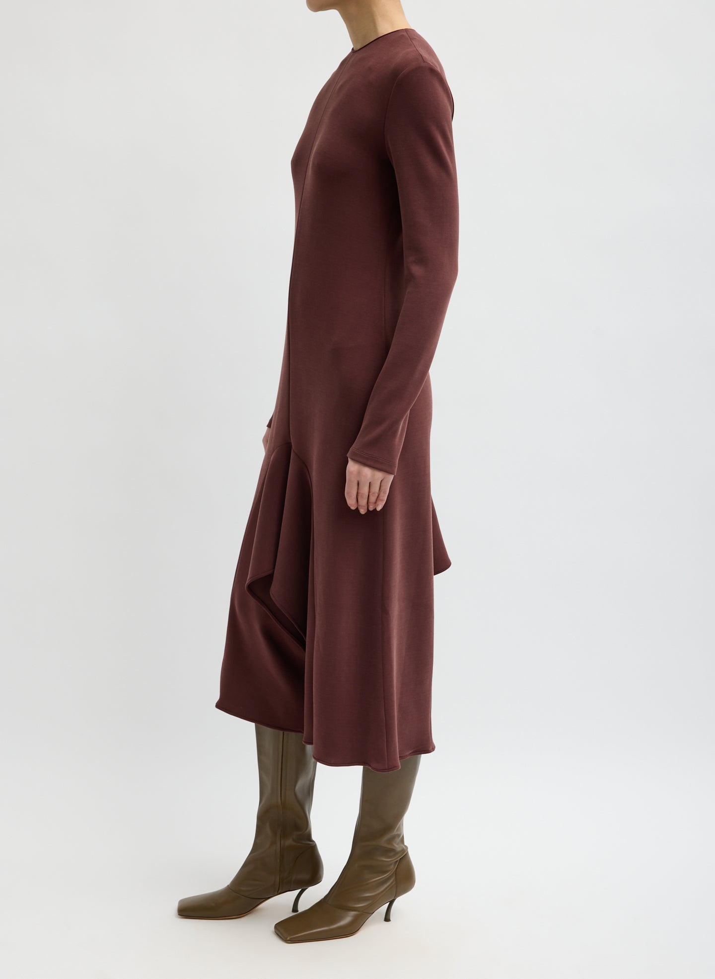 Bordeaux Feather Weight Viscose Neoprene Front Drape Dress - long sleeve dress, side view on mode