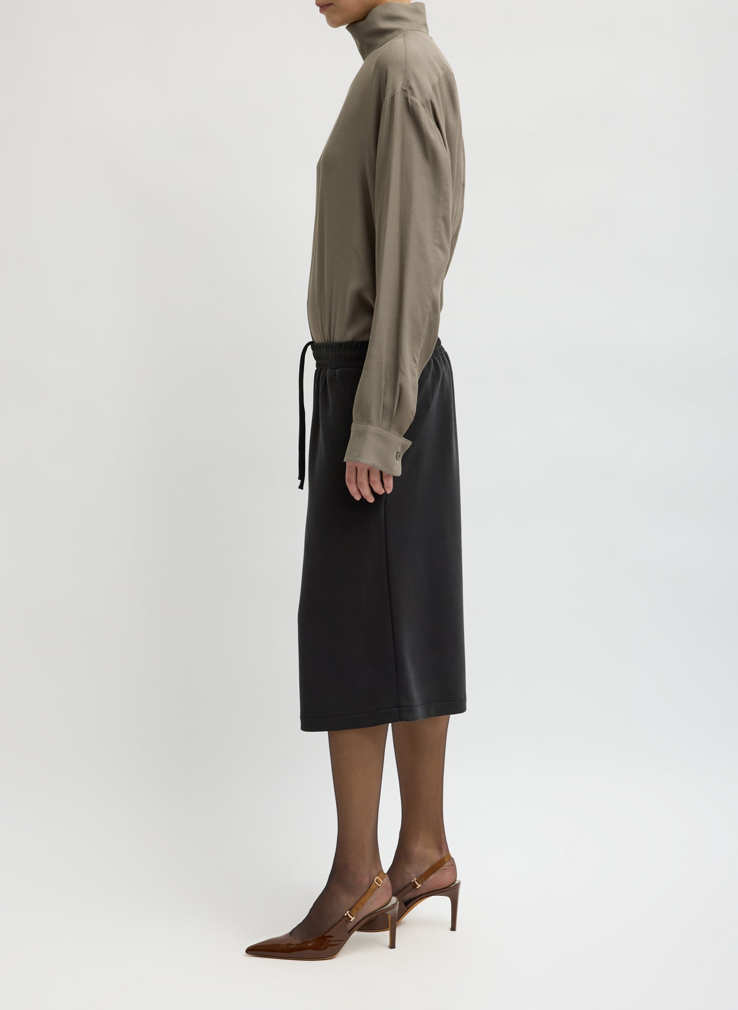 Black Feather Weight Viscose Neoprene Relaxed Short - long sweat short, side view on model