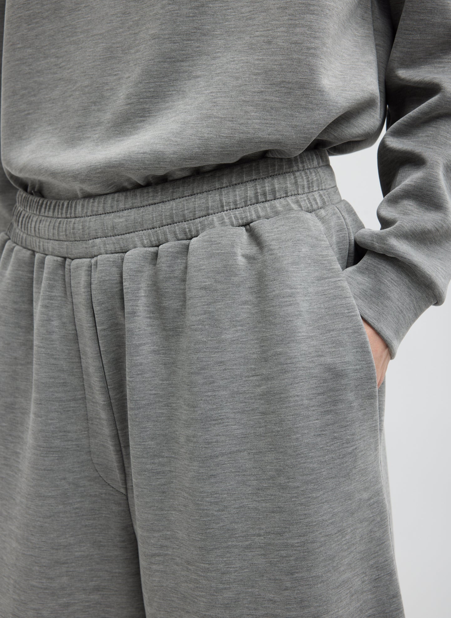 Heather Grey Feather Weight Viscose Neoprene Relaxed Short - closeup of side pocket detail