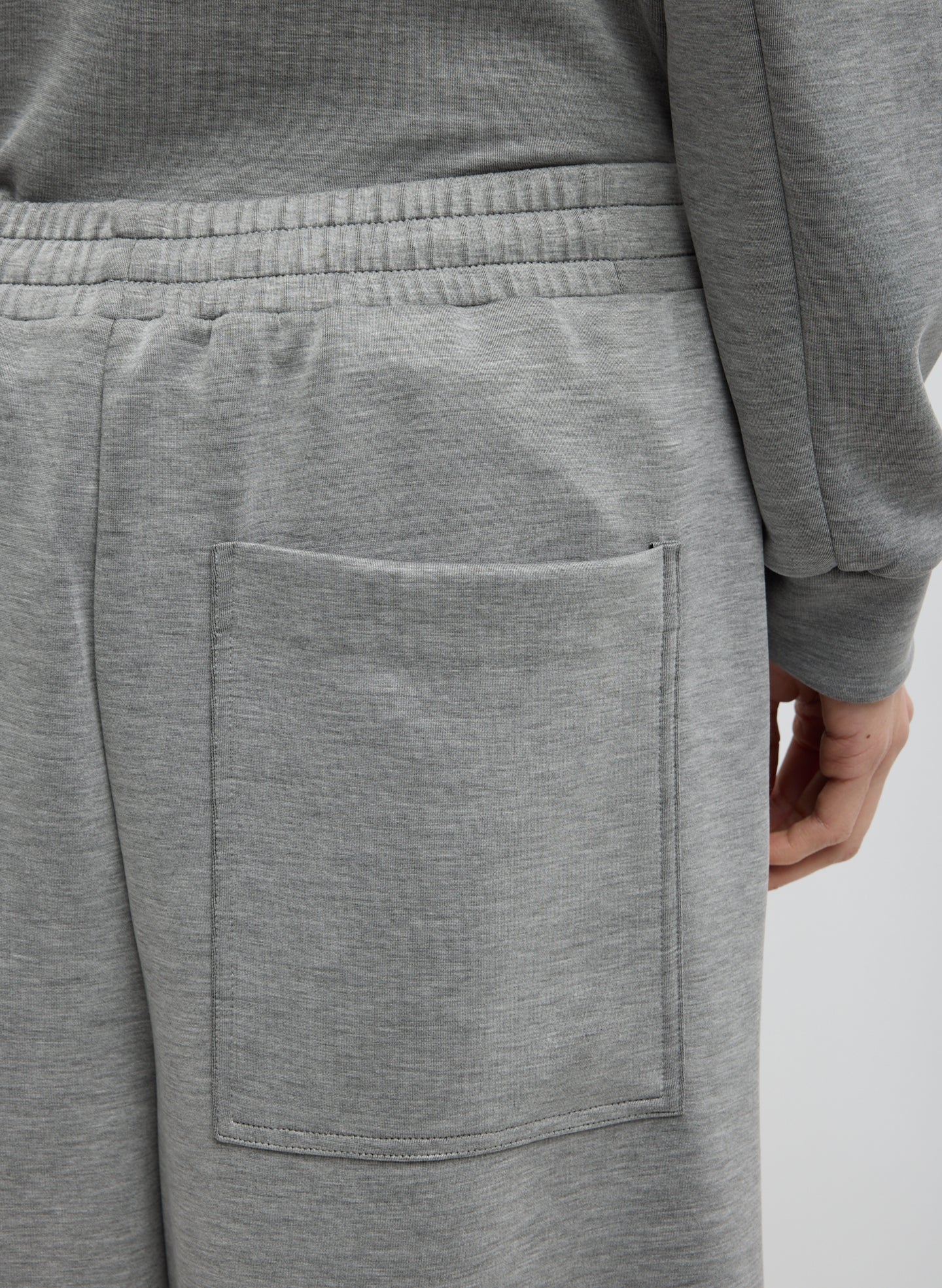 Heather Grey Feather Weight Viscose Neoprene Relaxed Short - closeup of back pocket detail