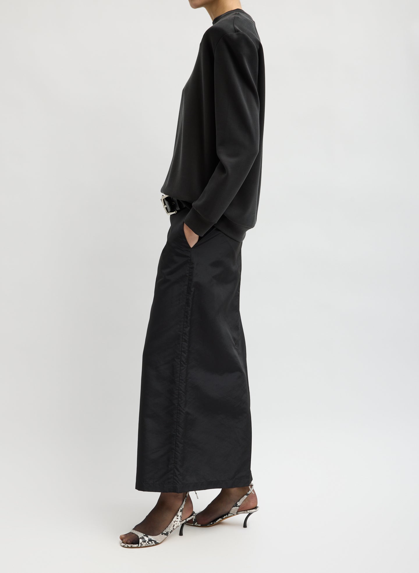 Black Feather Weight Viscose Removable Shoulder Pad Long Sleeve T-Shirt - side view on model