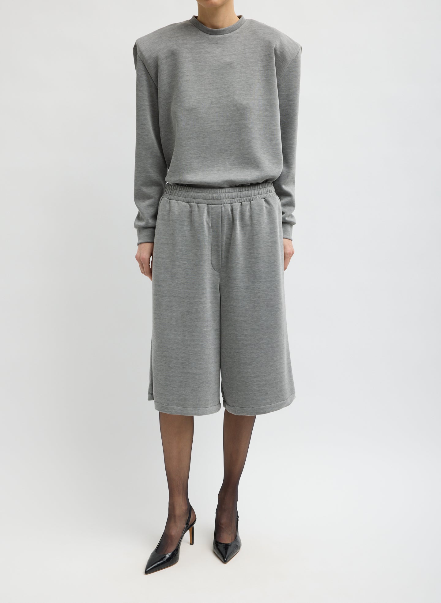 Grey Feather Weight Viscose Removable Shoulder Pad Long Sleeve T-Shirt - full look, front view on model
