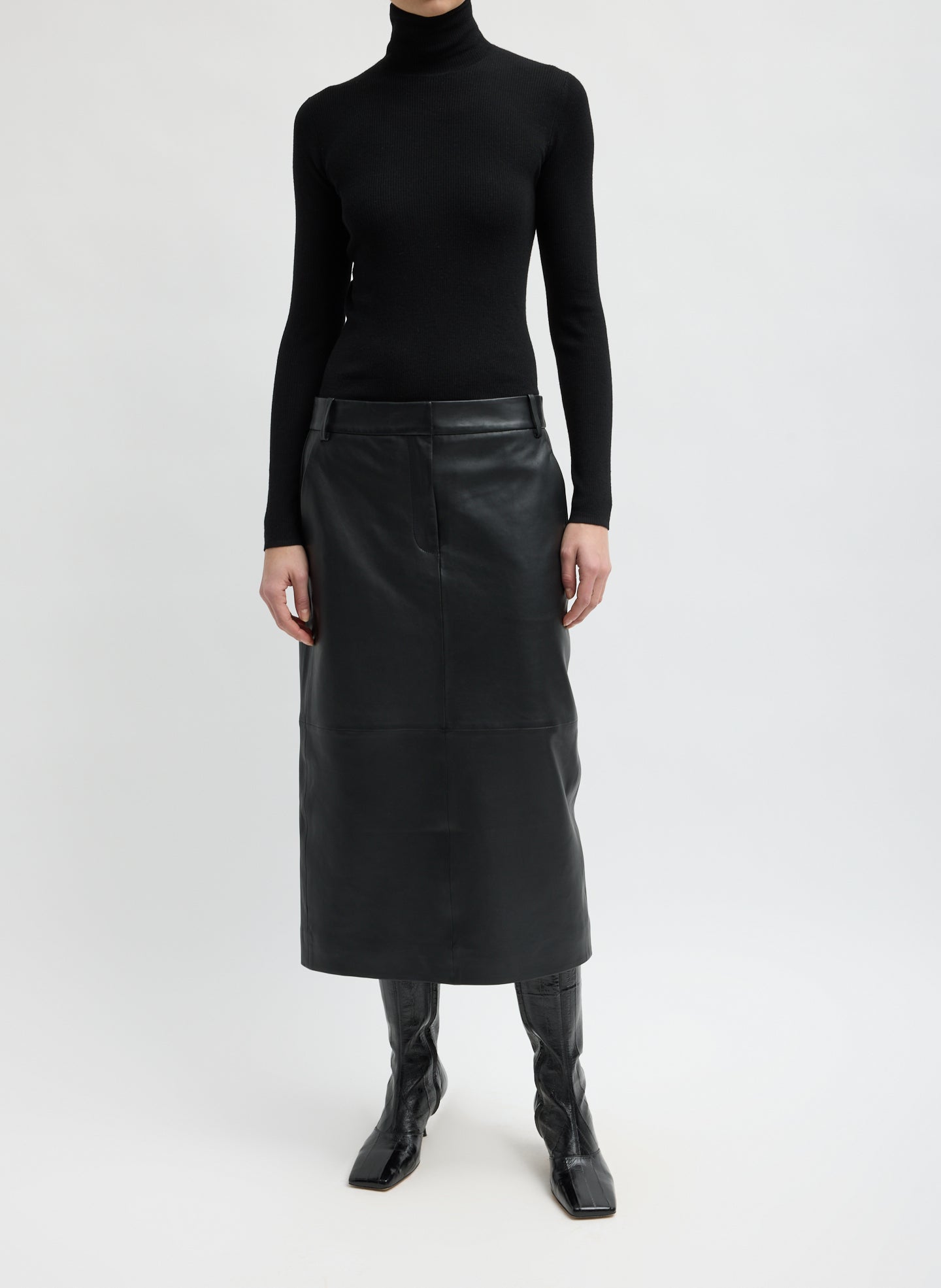 Black Feather Weight Ribbed Turtleneck - full look, front view on model