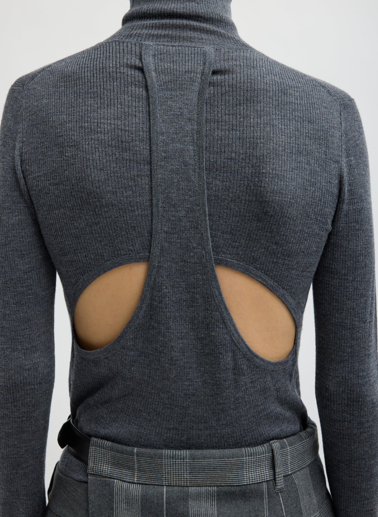 Charcoal Grey Feather Weight Ribbed Turtleneck - closeup of cutout detail at back