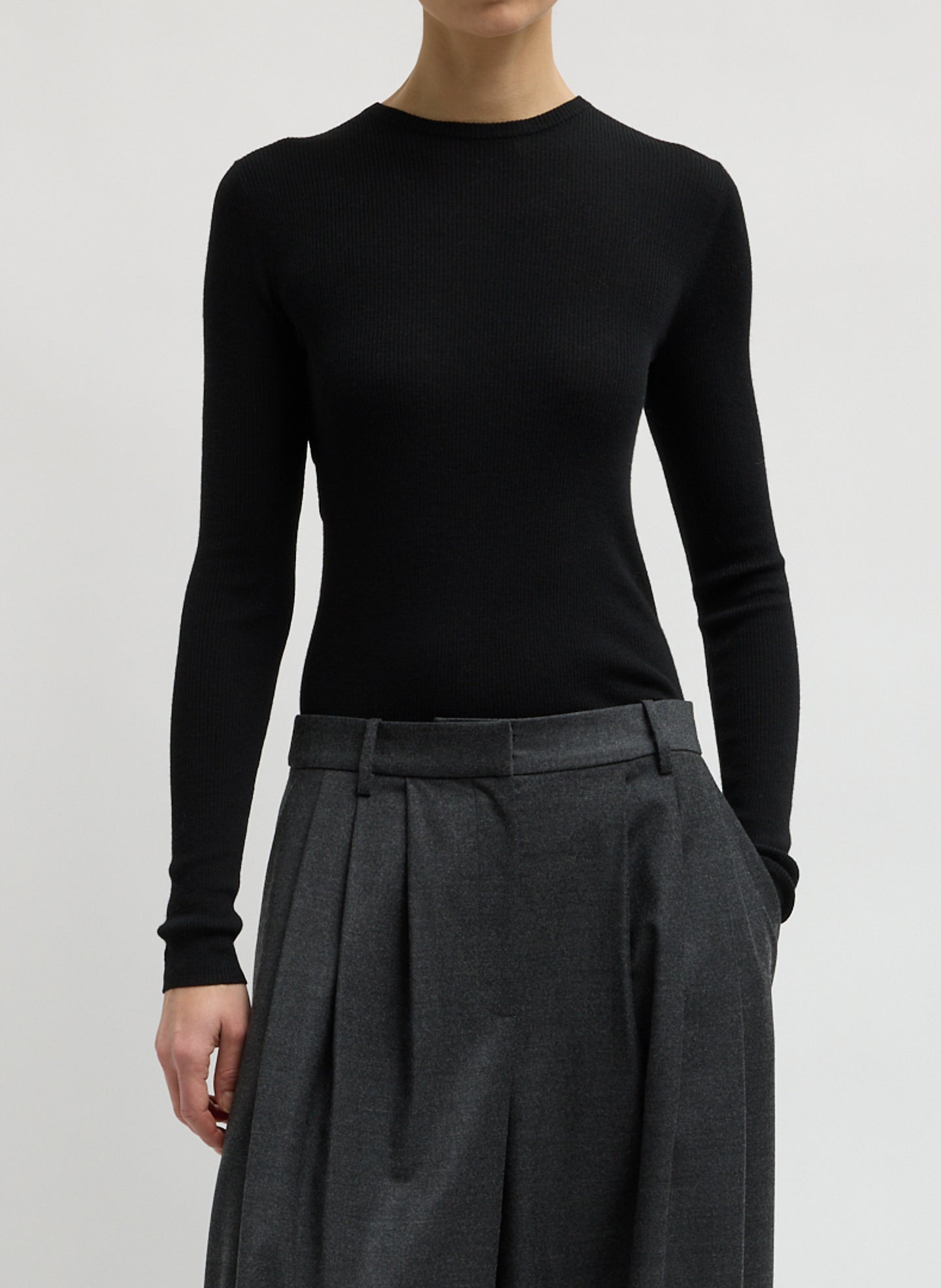 Black Feather Weight Long Sleeve Top - front view on model