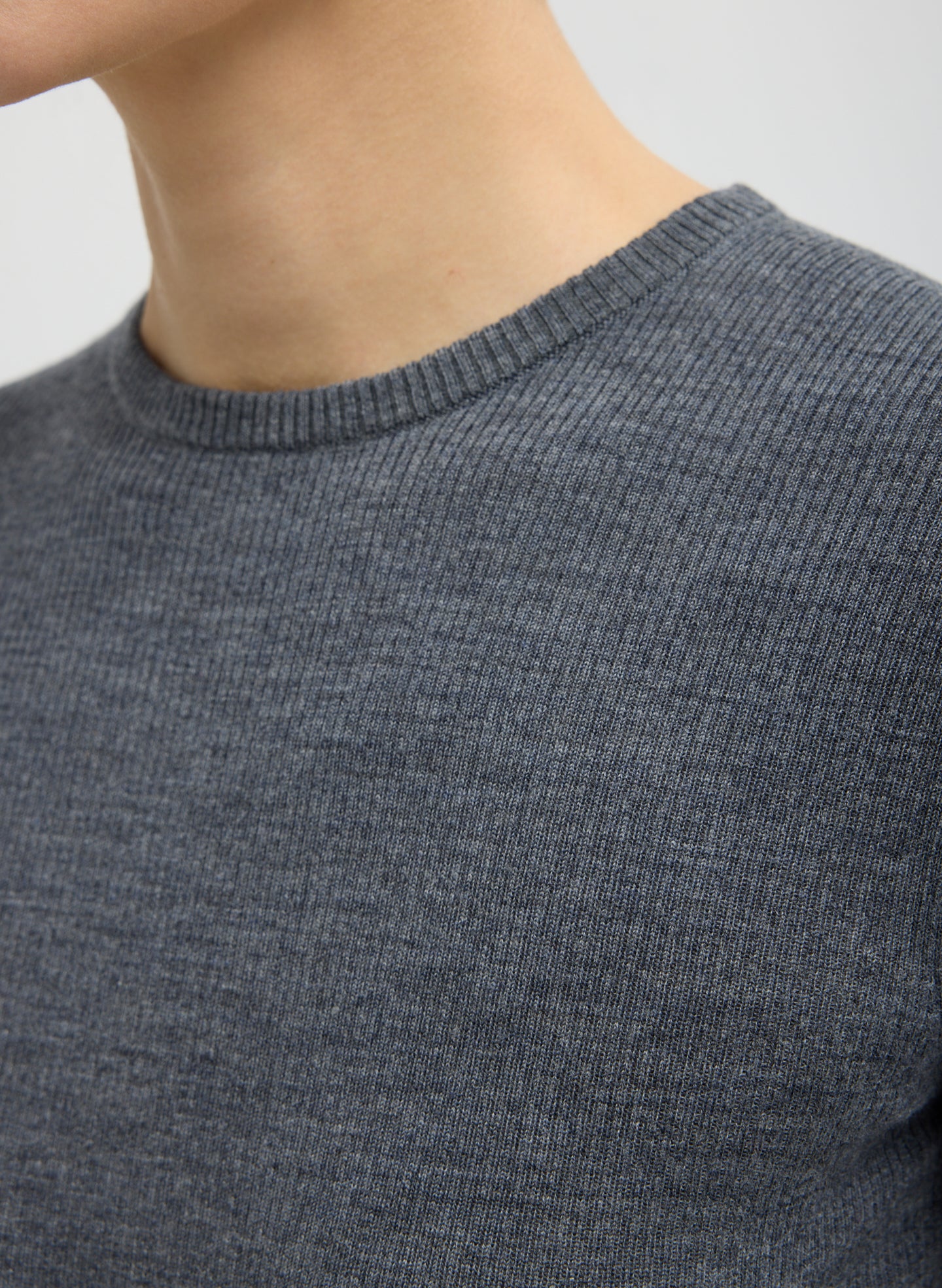 Charcoal Grey Feather Weight Long Sleeve Top - closeup of neckline
