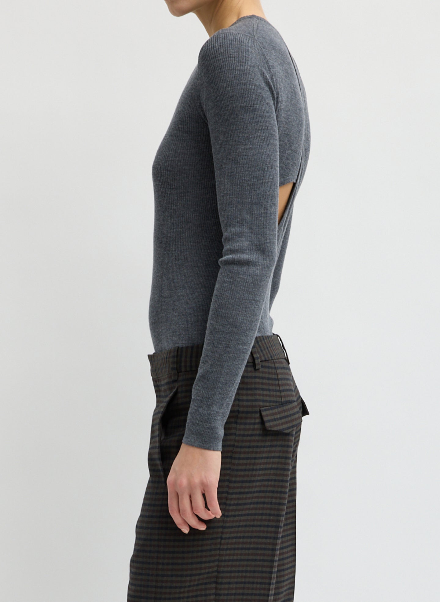 Charcoal Grey Feather Weight Long Sleeve Top - side view on model