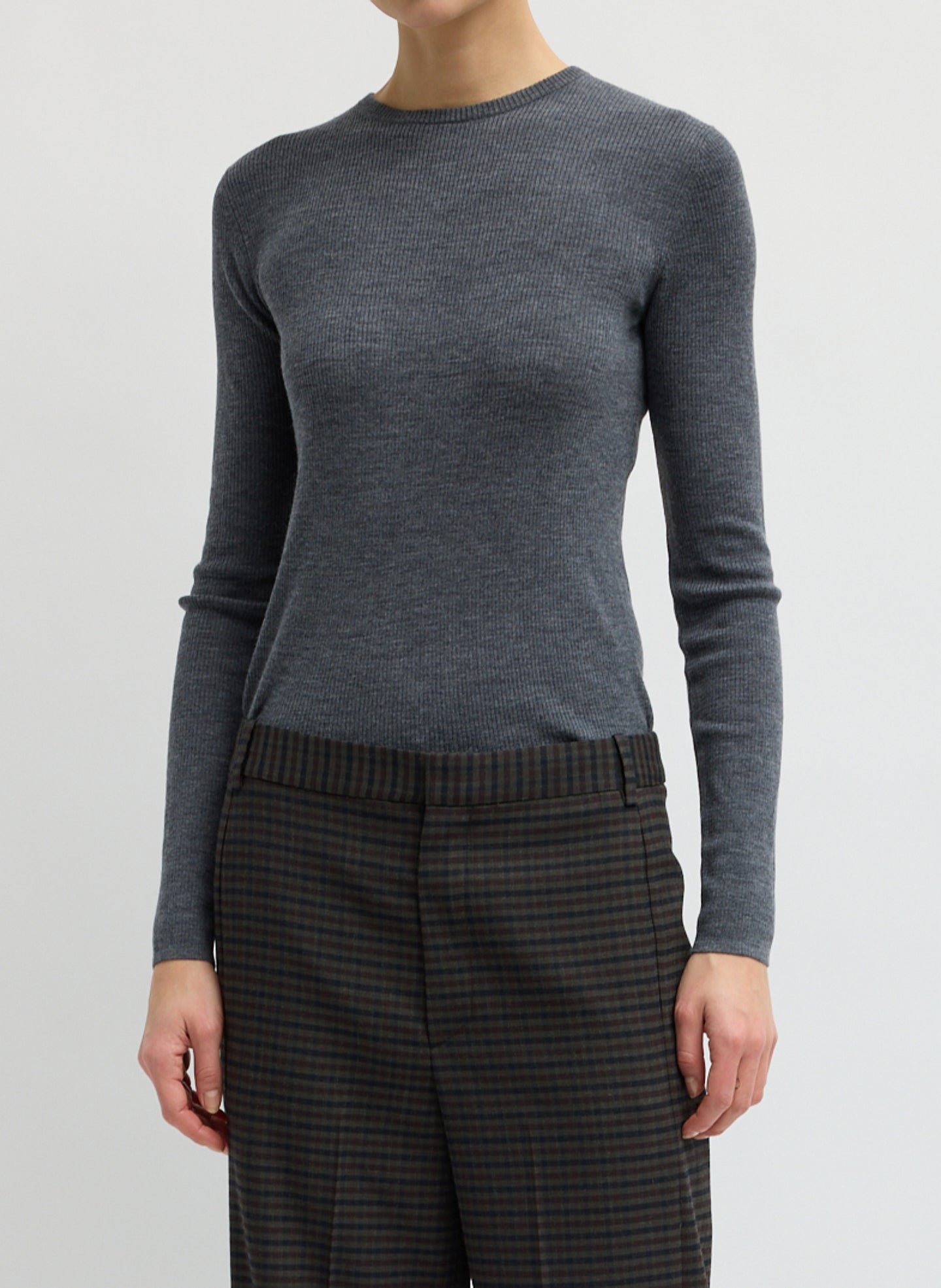 Charcoal Grey Feather Weight Long Sleeve Top - front view on model