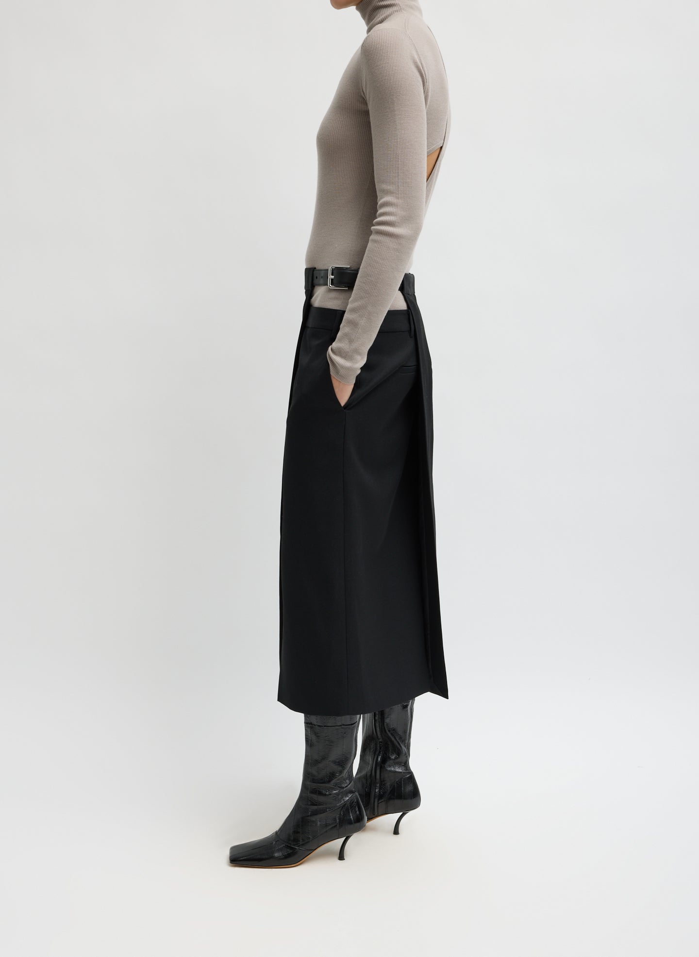 Black Gossamer Plain Weave Double Apron Skirt - side view on model