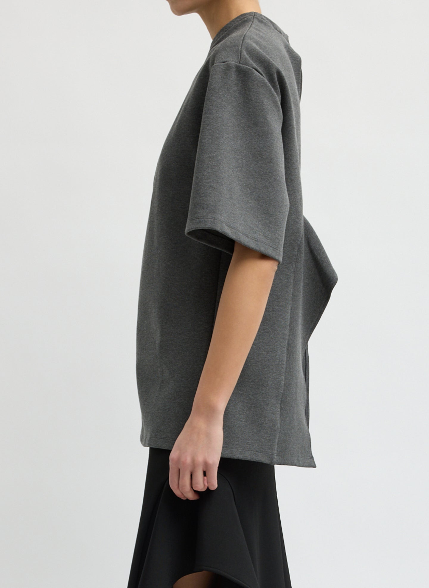 Charcoal Grey Luxe Crepe Knit Easy Tunic Top - short sleeve top, side view on model