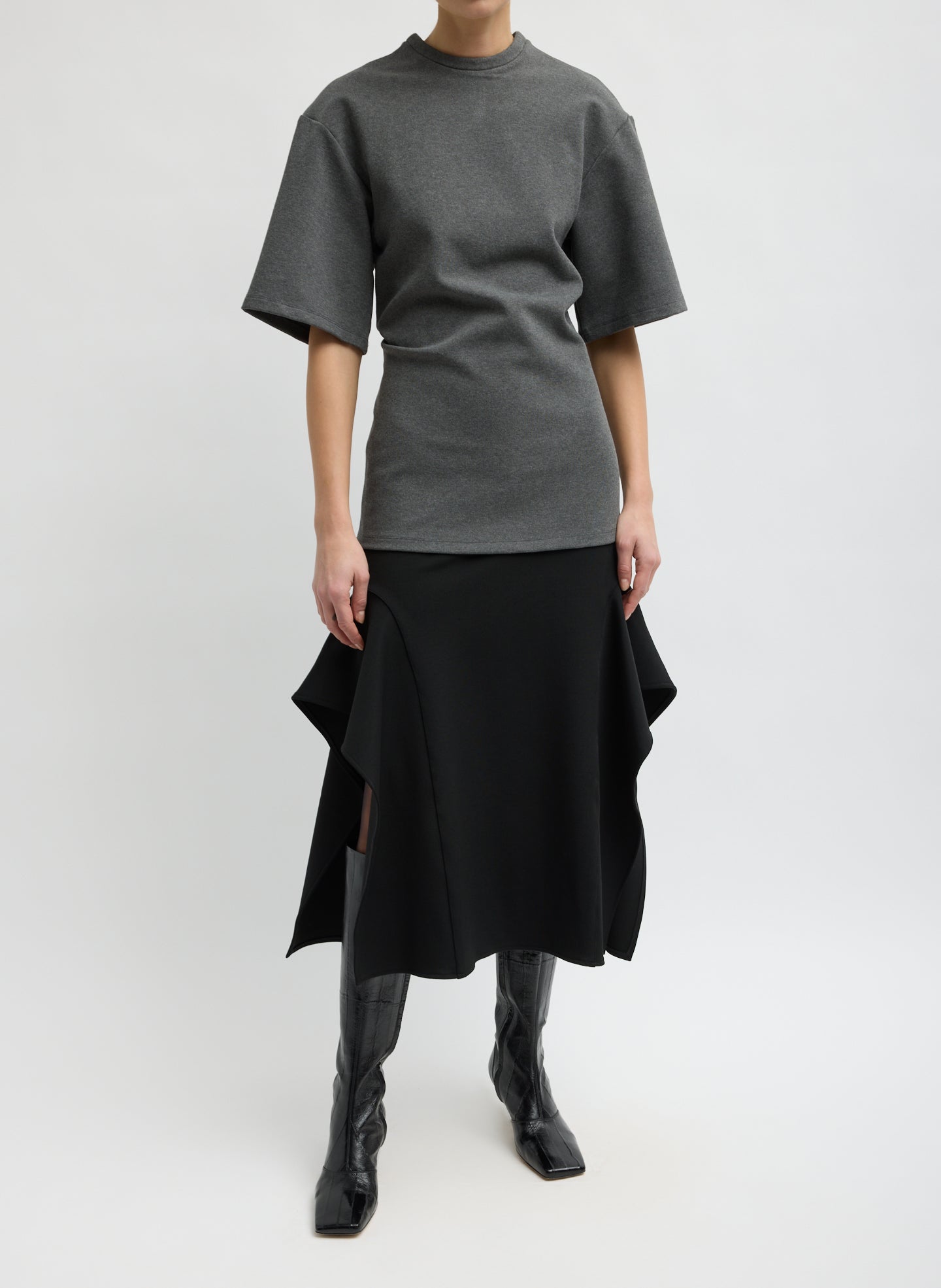 Charcoal Grey Luxe Crepe Knit Easy Tunic Top - short sleeve top, front view on model