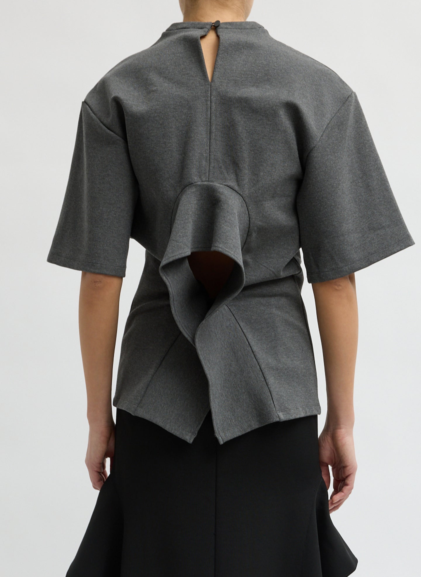 Charcoal Grey Luxe Crepe Knit Easy Tunic Top - short sleeve top, back view on model
