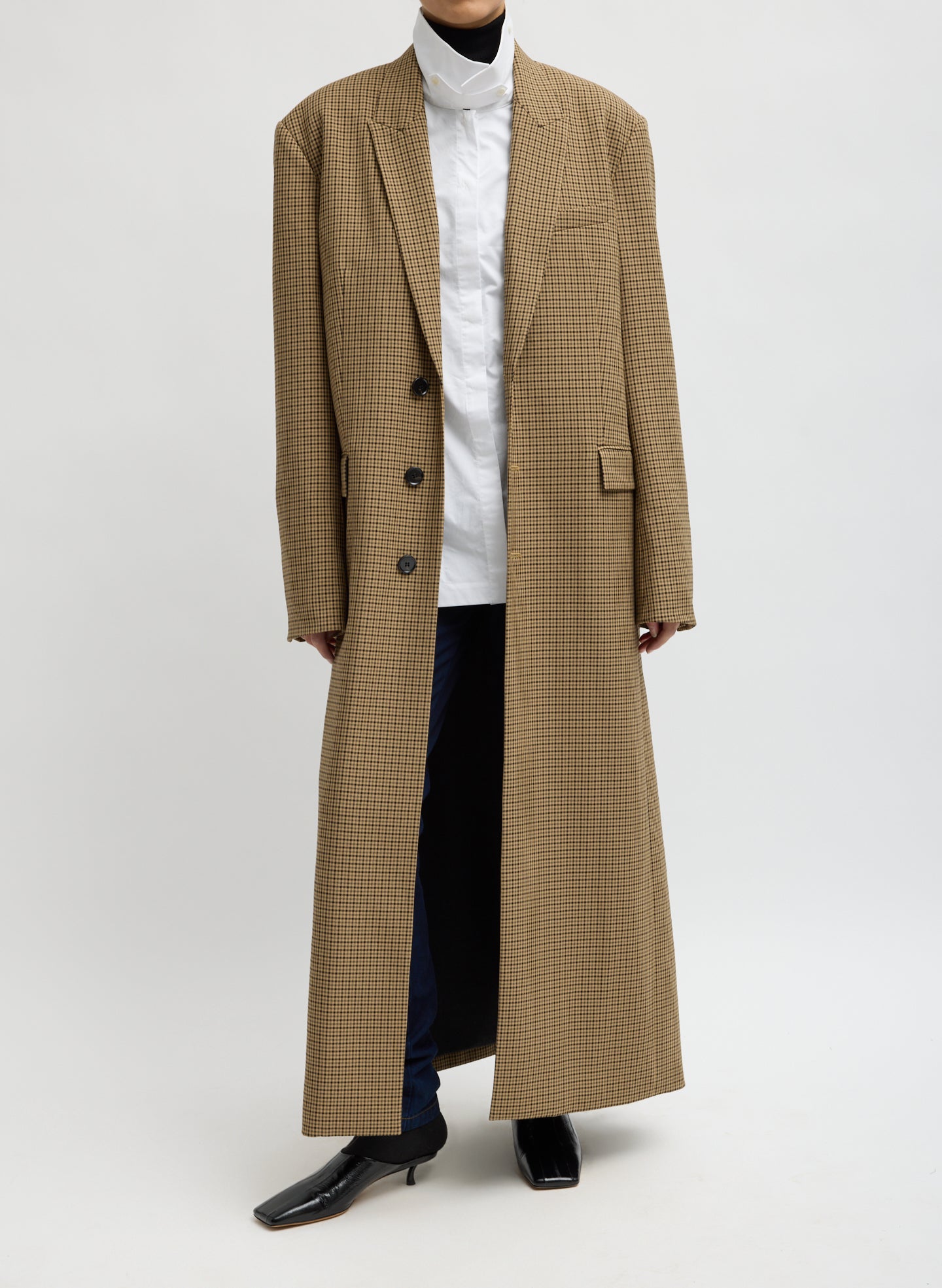 Cedar Multi Tan Menswear Tech Twill Tailored Men's Maxi Coat - front view on model