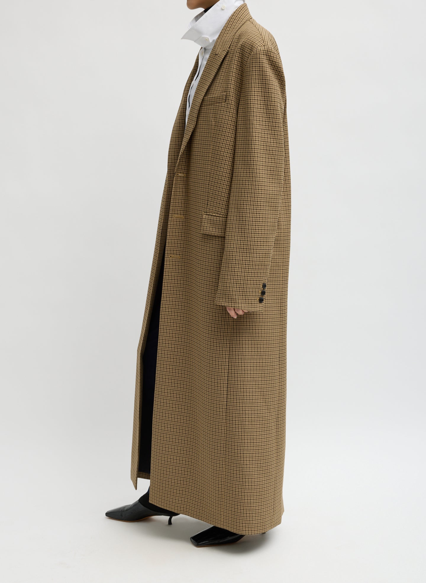 Cedar Multi Tan Menswear Tech Twill Tailored Men's Maxi Coat - side view on model