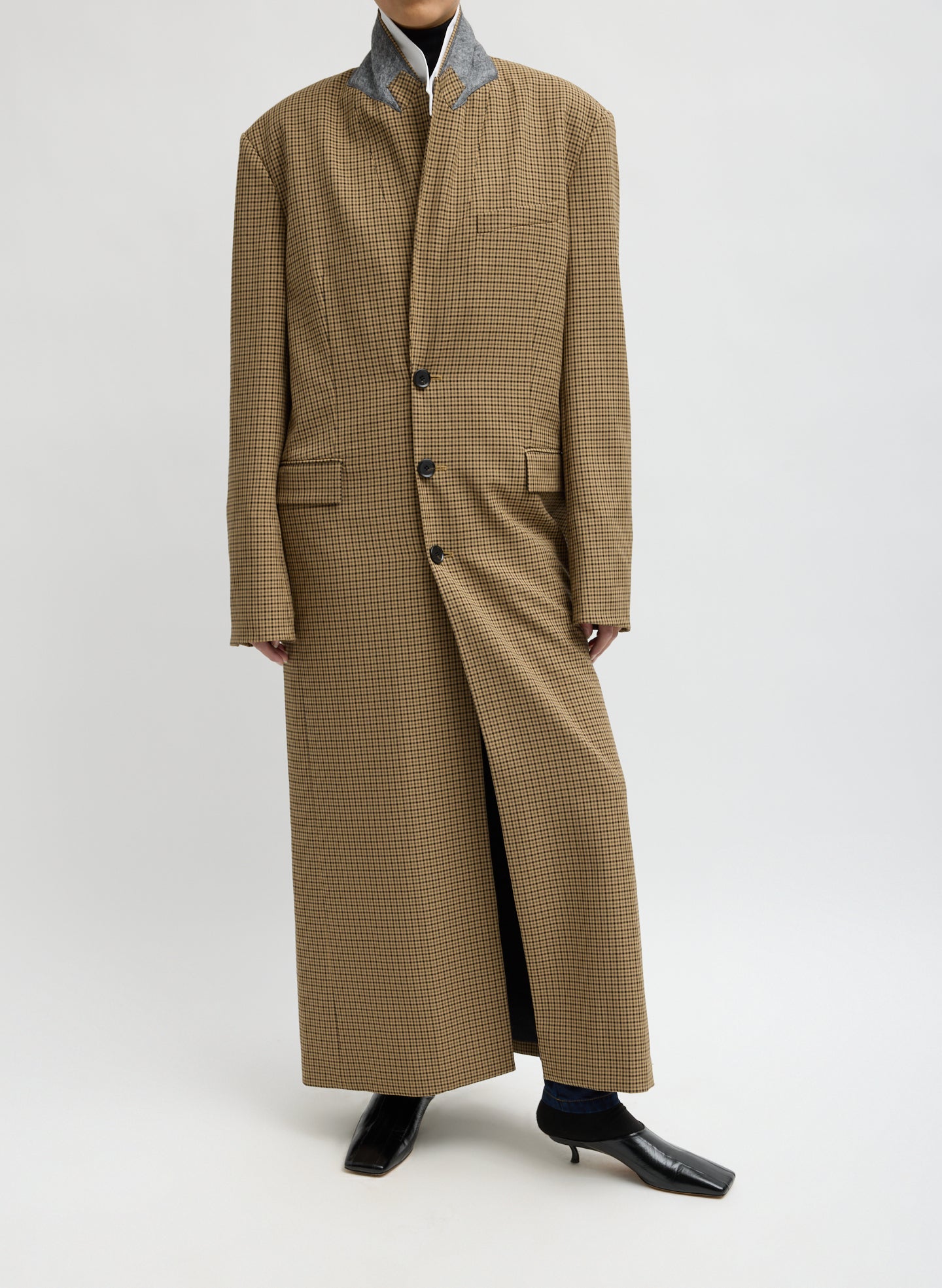 Cedar Multi Tan Menswear Tech Twill Tailored Men's Maxi Coat - front view on model