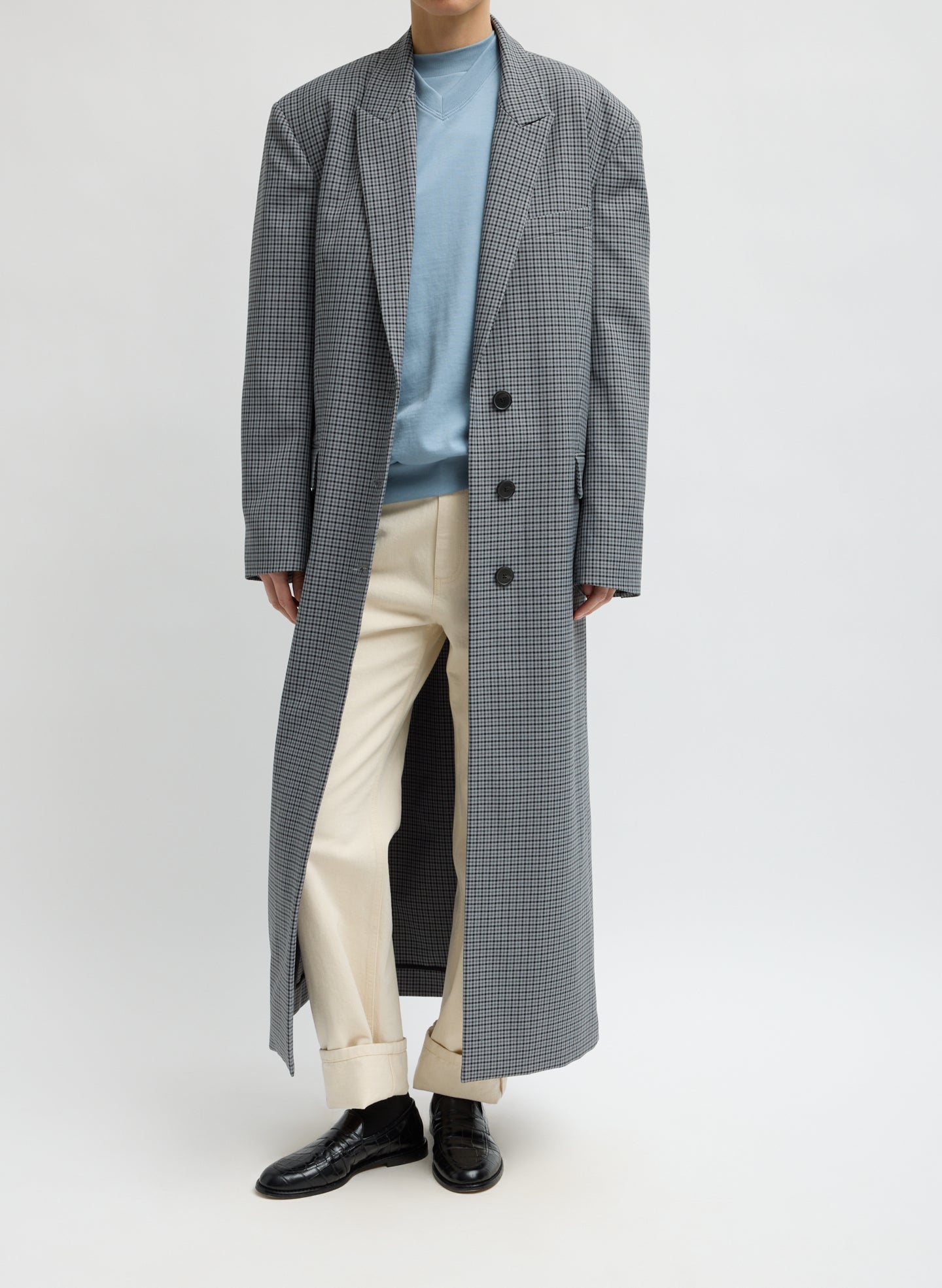 Grey Plaid Menswear Tech Twill Tailored Men's Maxi Coat - front view on model