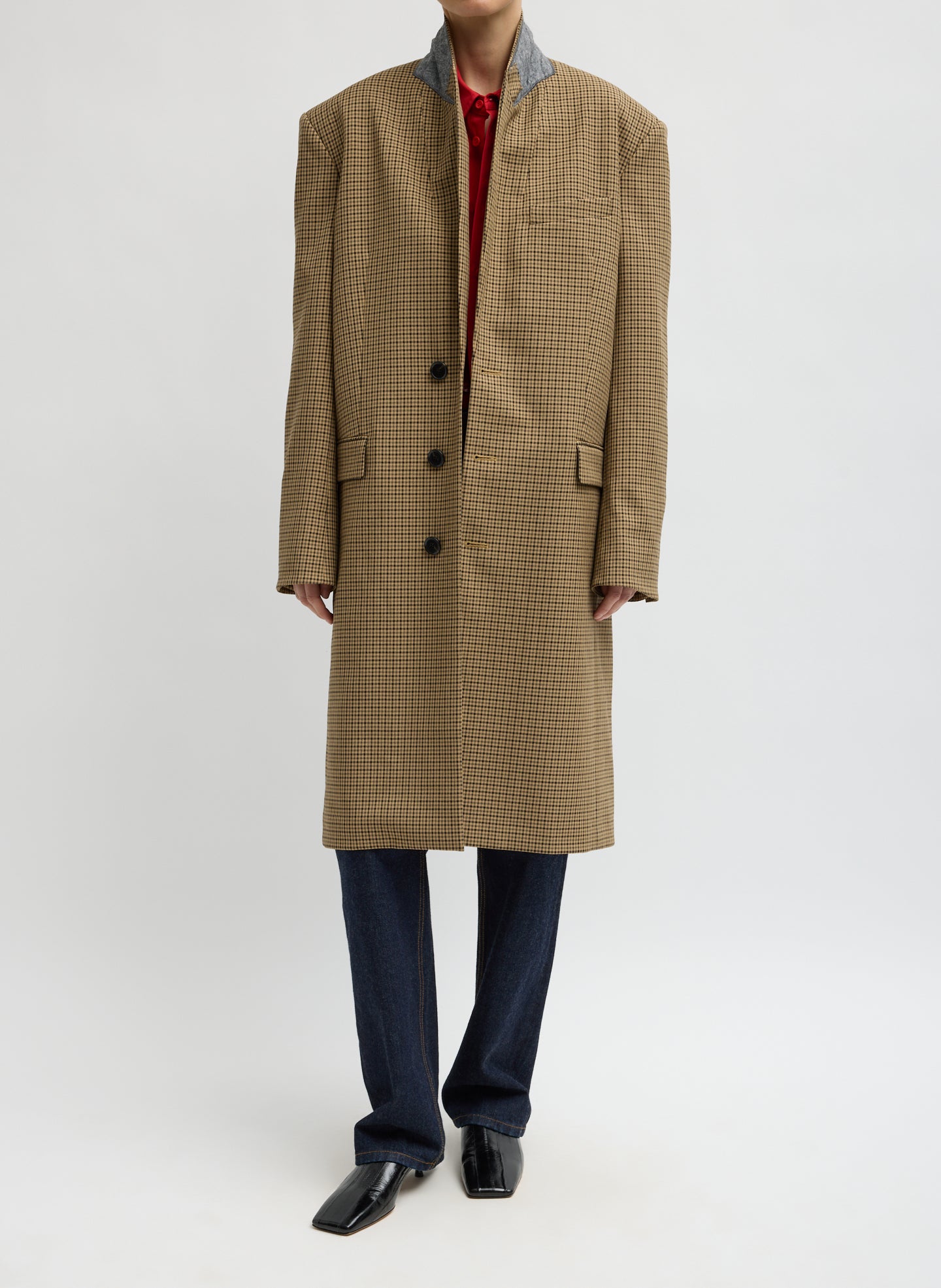 Cedar Multi Tan Check Menswear Tech Twill Tailored Midi Men's Coat - front view on model