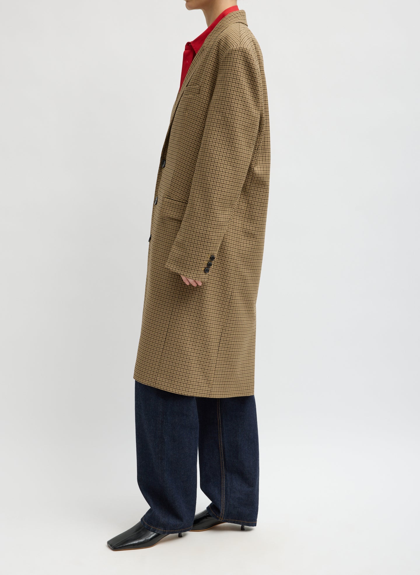 Cedar Multi Tan Check Menswear Tech Twill Tailored Midi Men's Coat - side view on model
