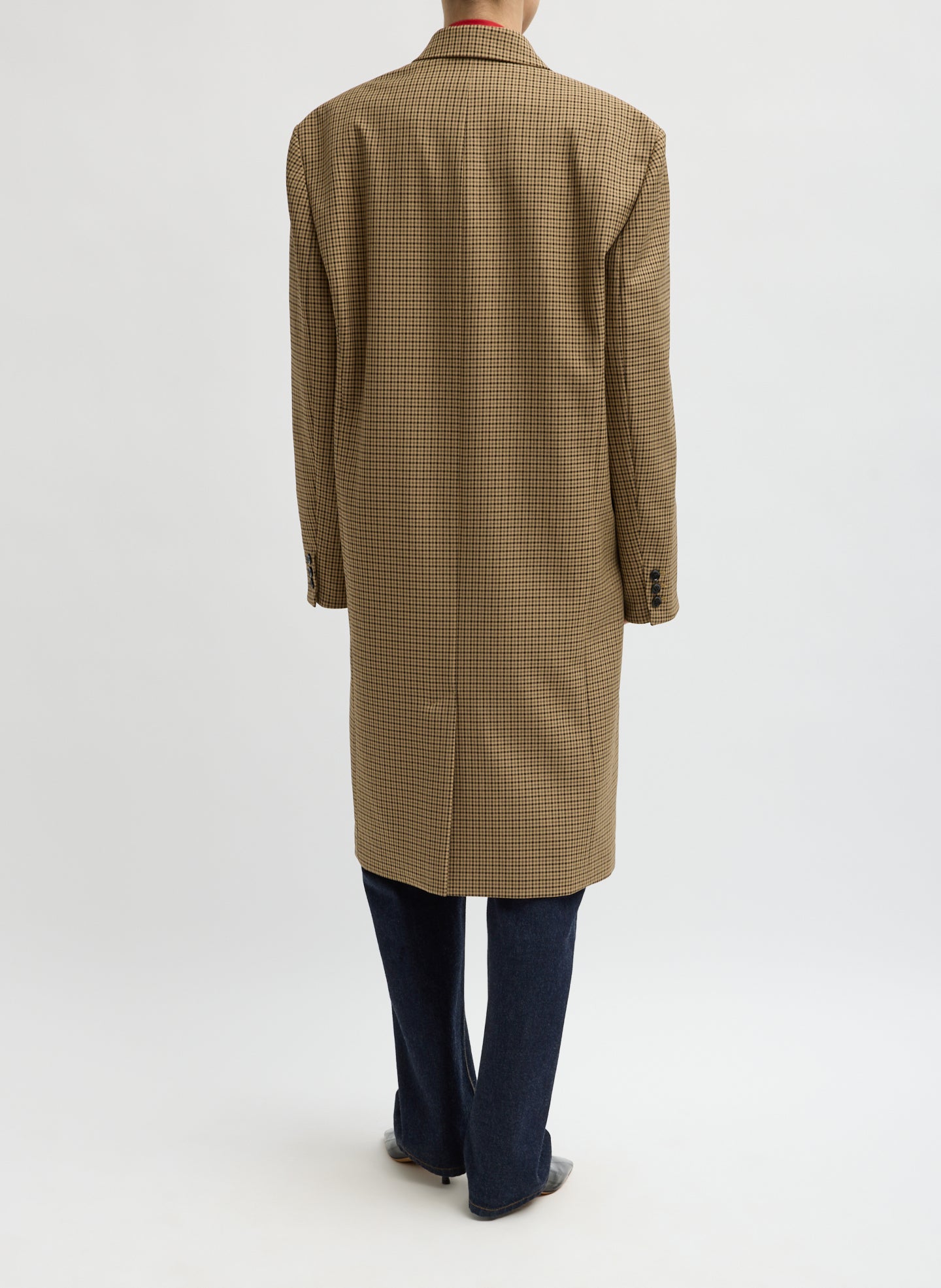 Cedar Multi Tan Check Menswear Tech Twill Tailored Midi Men's Coat - back view on model