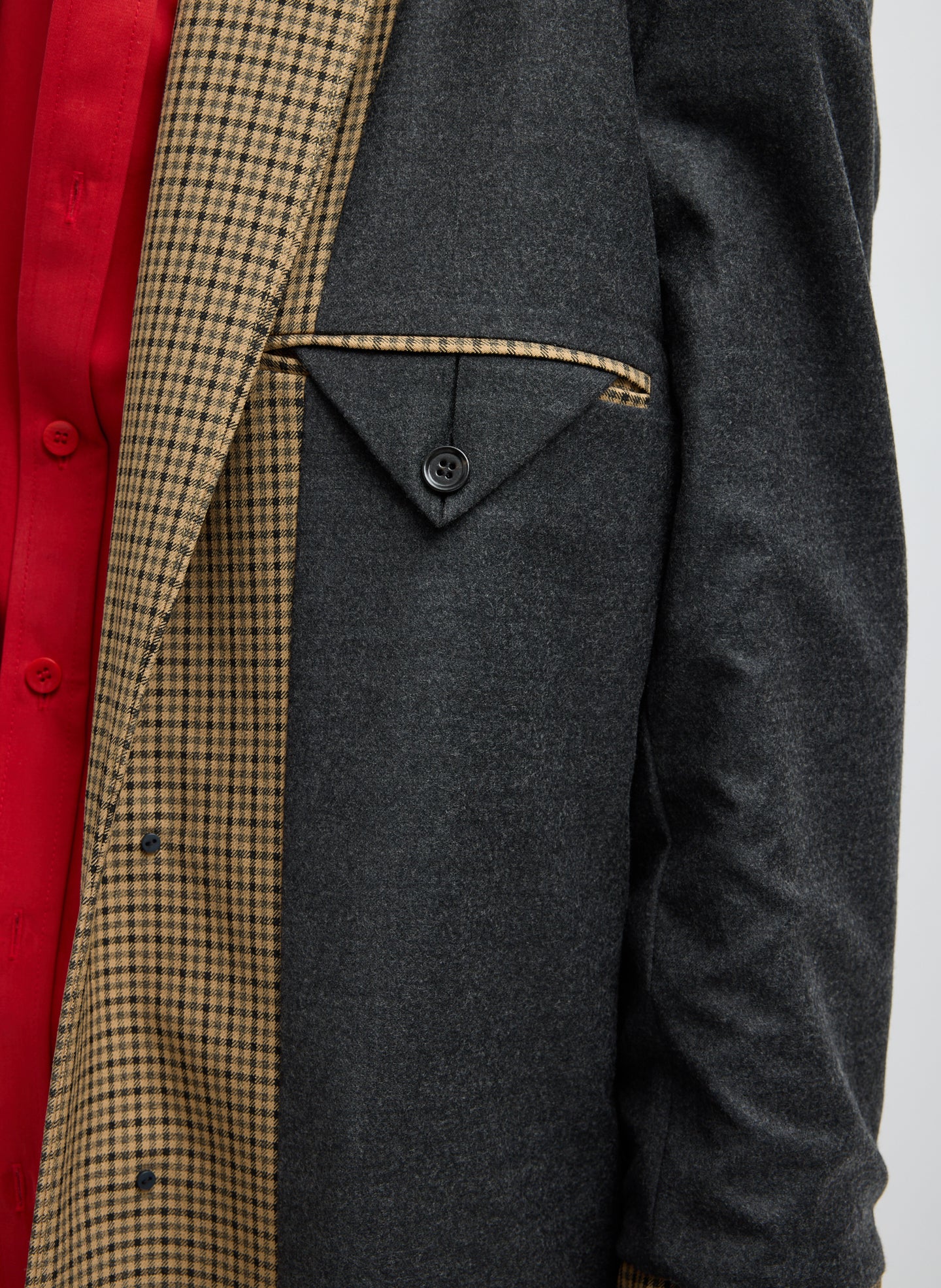 Cedar Multi Tan Check Menswear Tech Twill Tailored Midi Men's Coat - closeup of front detali