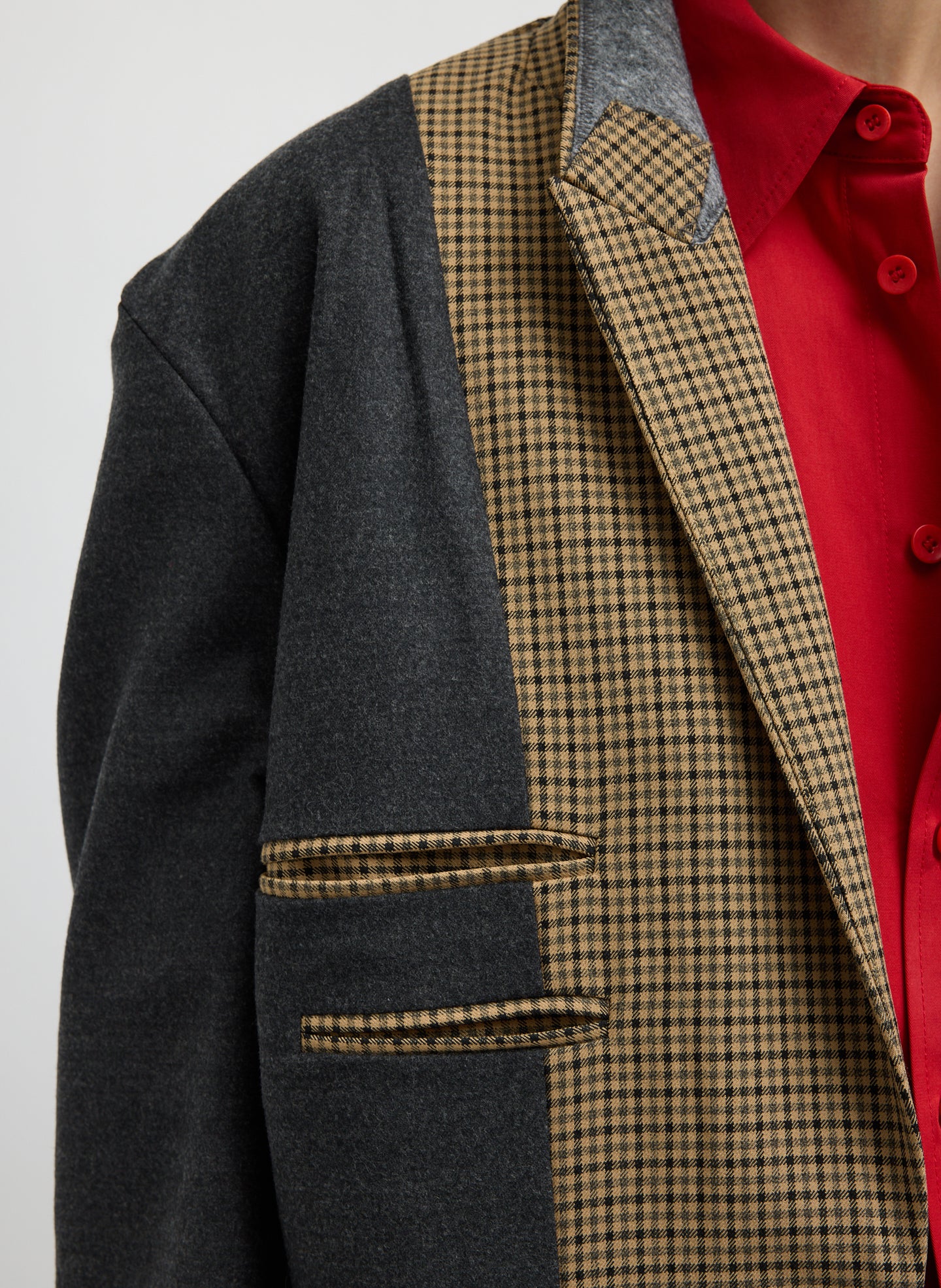 Cedar Multi Tan Check Menswear Tech Twill Tailored Midi Men's Coat - closeup of front detail