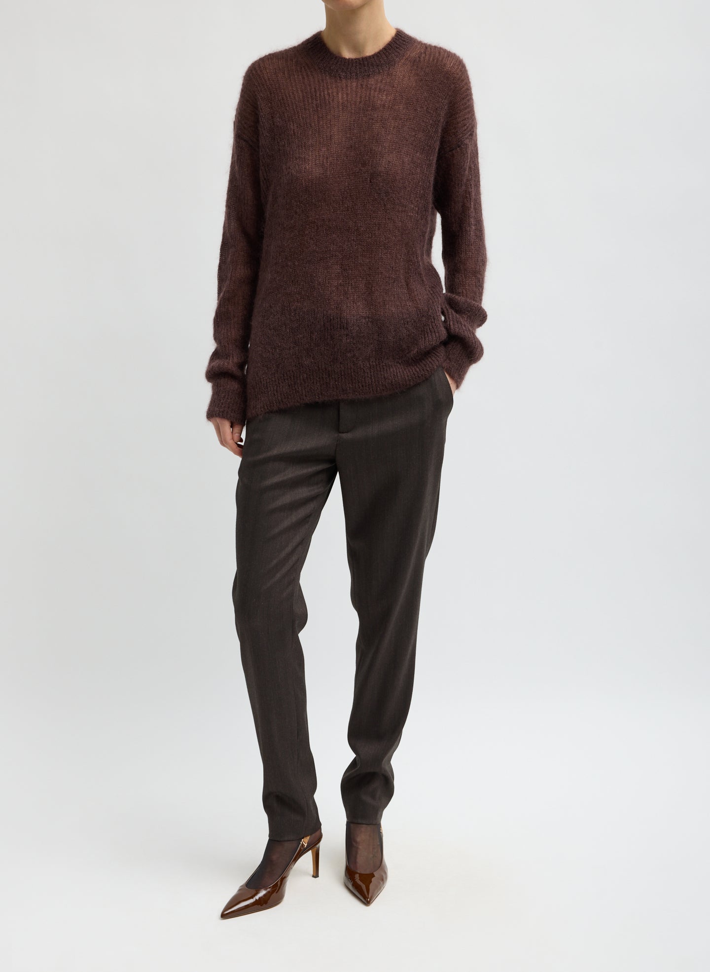 Red Brown Silk Super Kid Mohair Crewneck Easy Pullover - full look, front view on model
