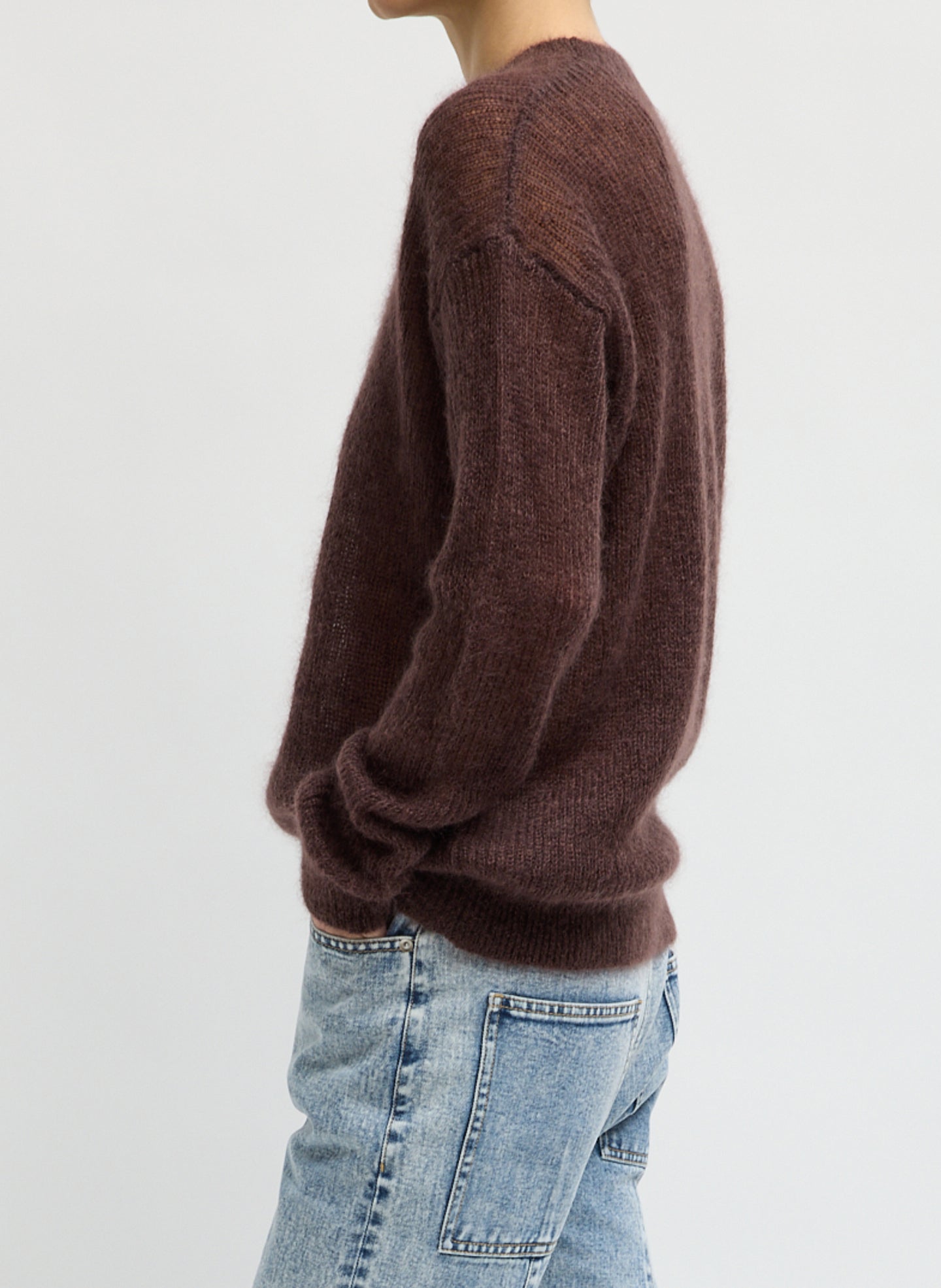 Red Brown Silk Super Kid Mohair Crewneck Easy Pullover - side view on model