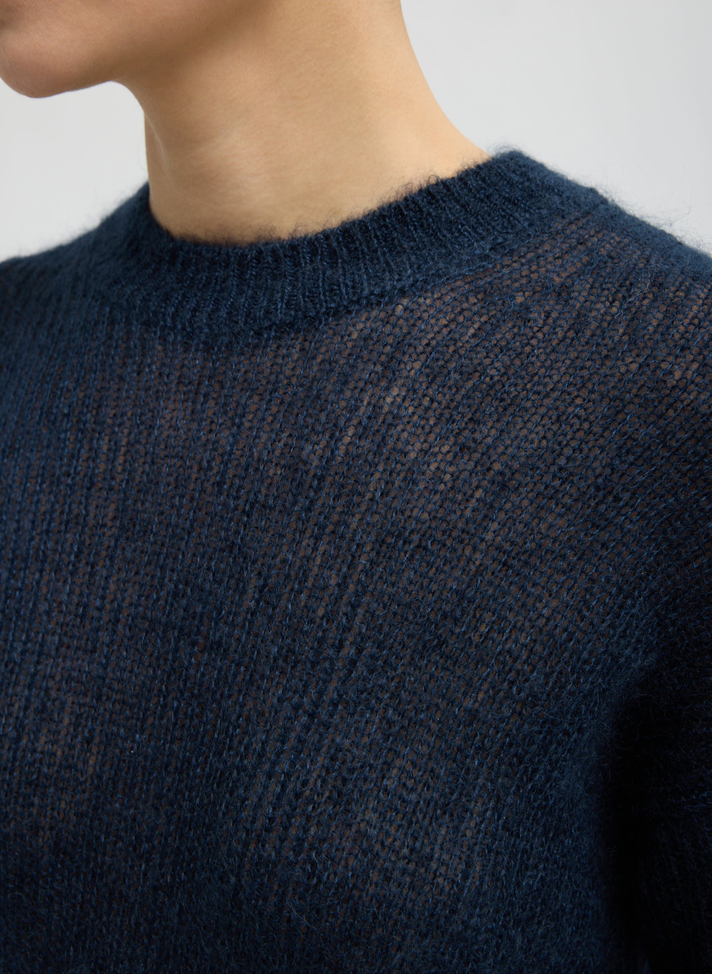 Navy Silk Super Kid Mohair Crewneck Easy Pullover - closeup of neckline