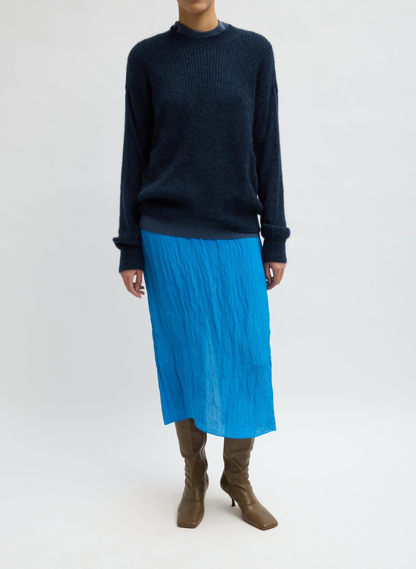 Navy Silk Super Kid Mohair Crewneck Easy Pullover - full look, front view on model