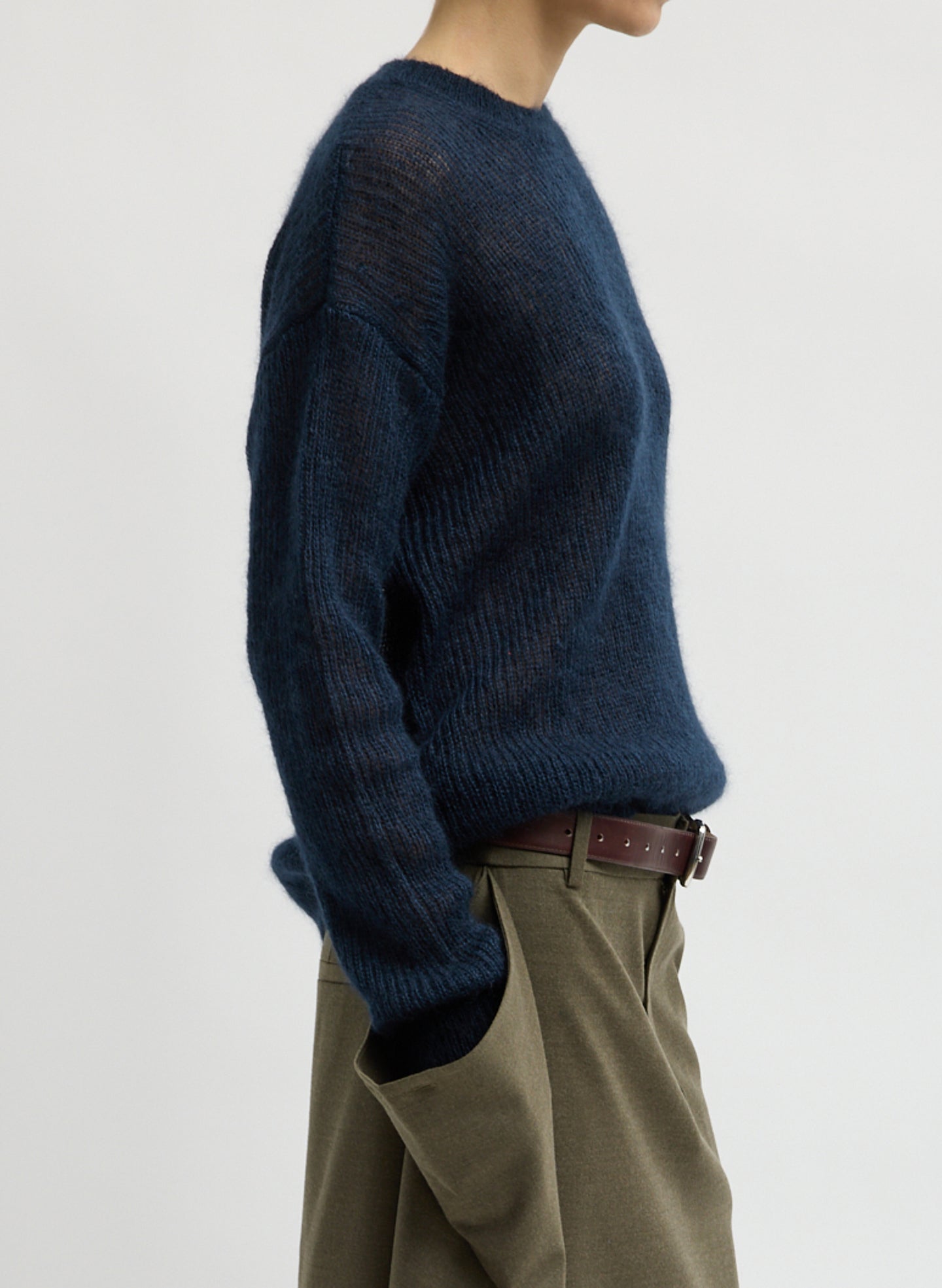 Navy Silk Super Kid Mohair Crewneck Easy Pullover - side view on model