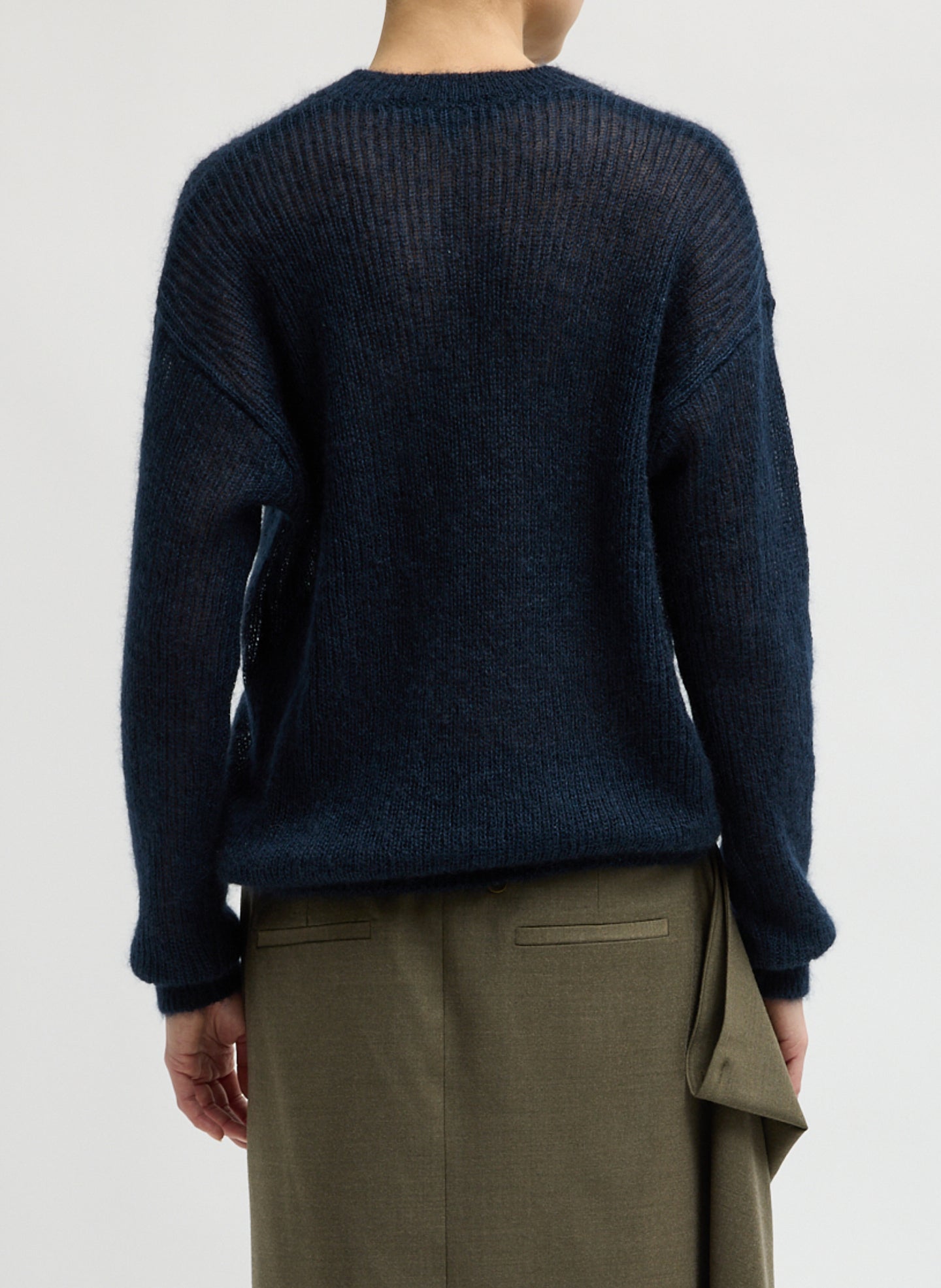 Navy Silk Super Kid Mohair Crewneck Easy Pullover - back view on model