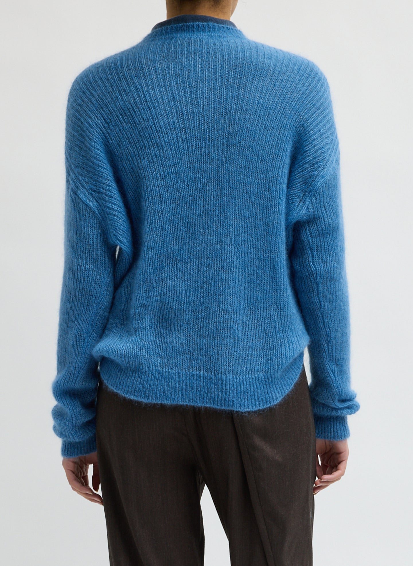 Bright Blue Silk Super Kid Mohair Crewneck Easy Pullover - back view on model