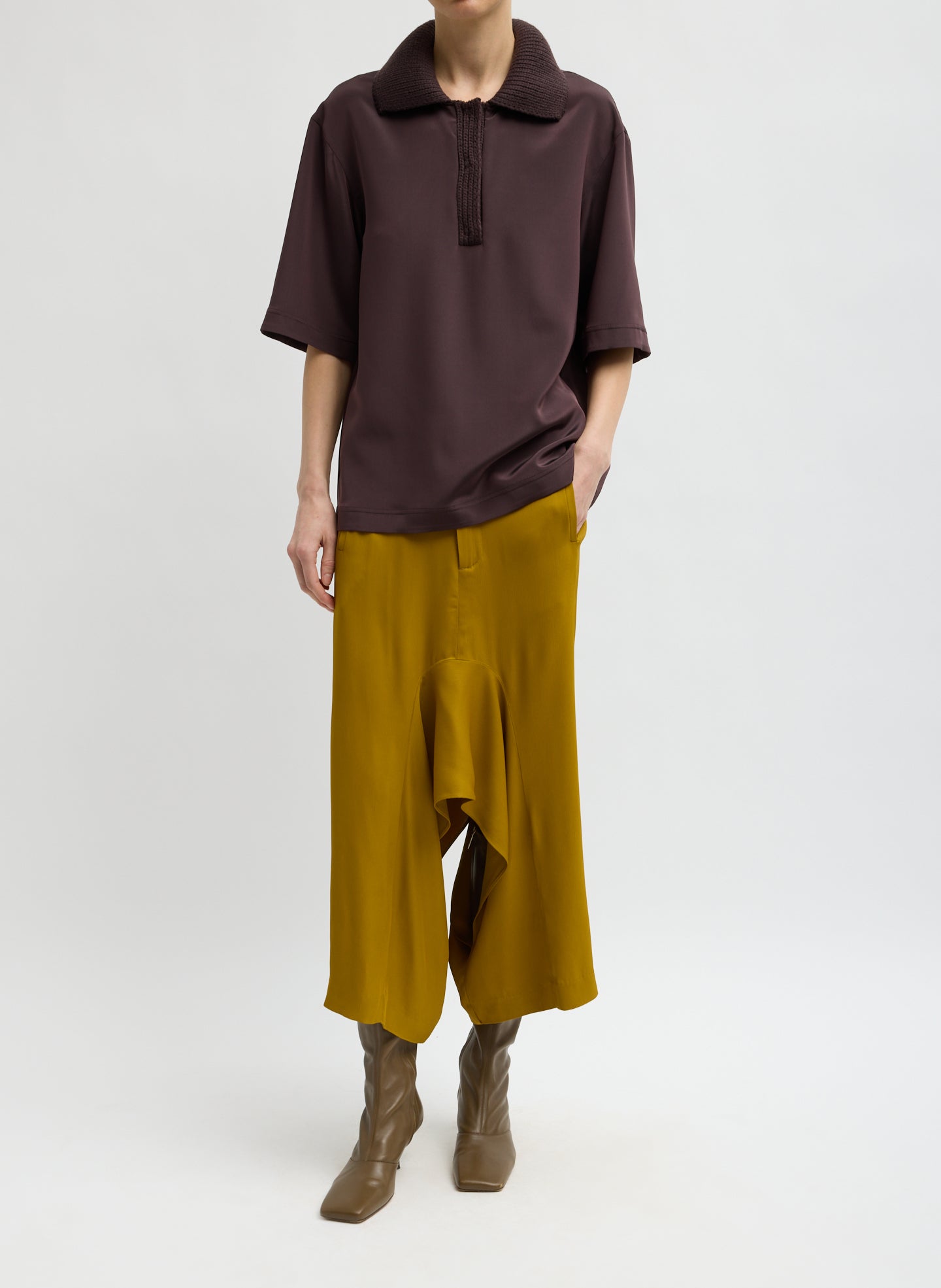 Brown Stretch Silk Nylon CDC Knit Collar Cocoon Top - full look, front view on model