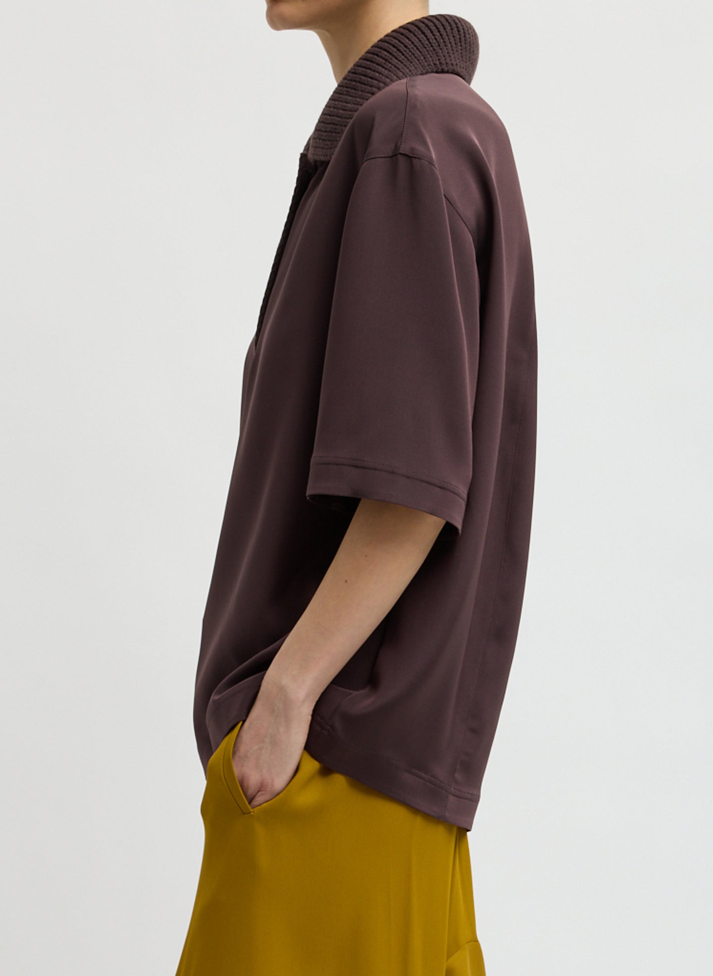 Brown Stretch Silk Nylon CDC Knit Collar Cocoon Top - short sleeve collared top, side view on model
